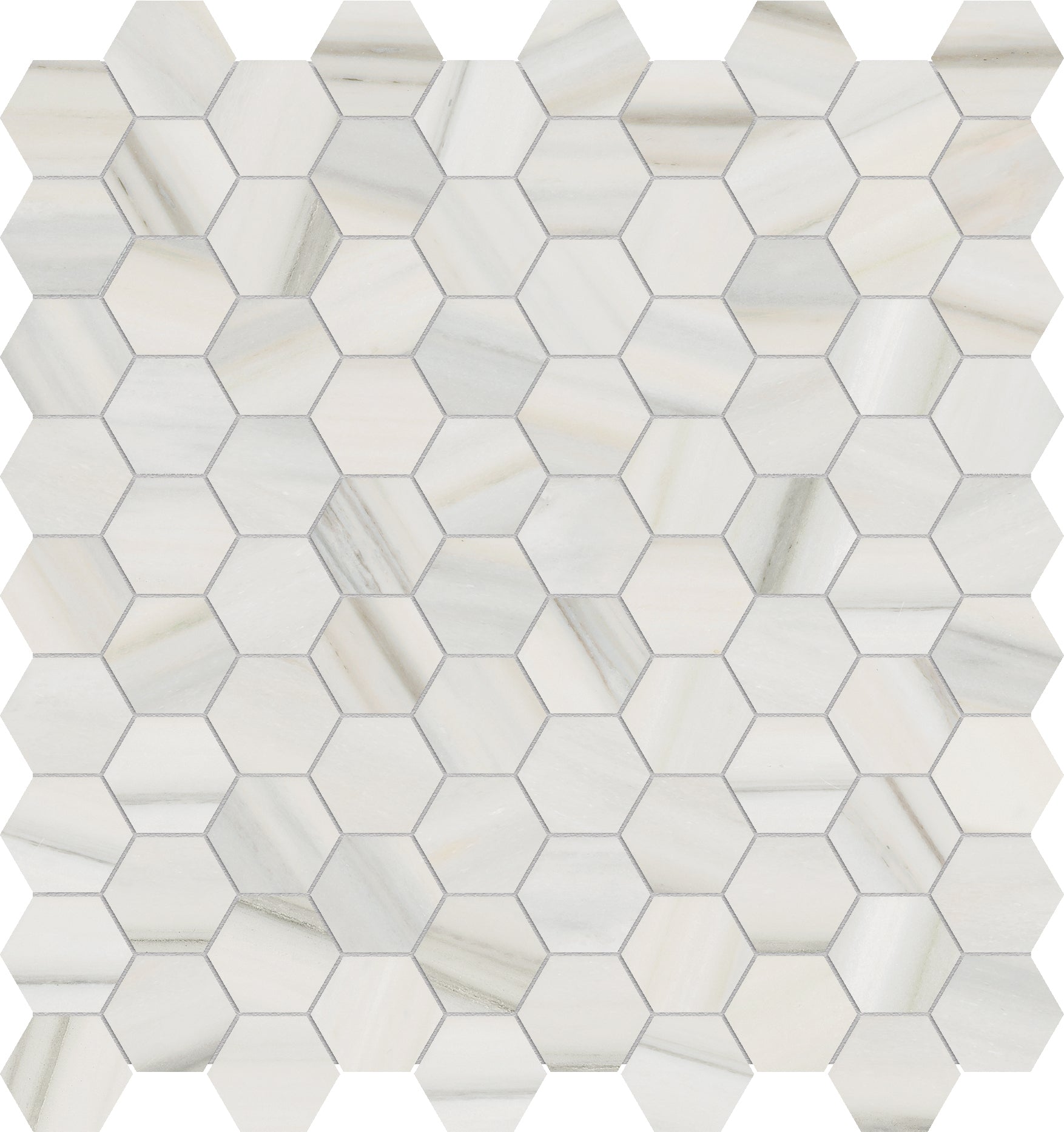 zebrino hexagon 1&25-inch pattern glazed porcelain mosaic from mayfair anatolia collection distributed by surface group international polished finish straight edge edge mesh shape