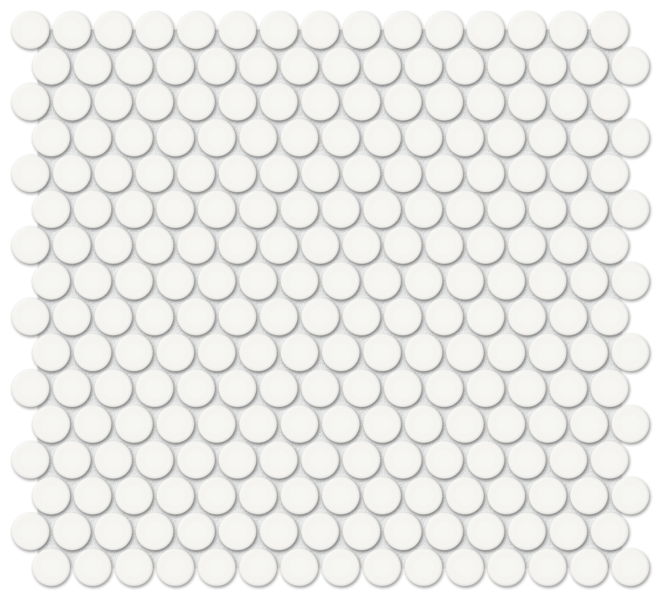 white penny round 3_4-inch pattern glazed porcelain mosaic from soho anatolia collection distributed by surface group international glossy finish straight edge edge mesh shape