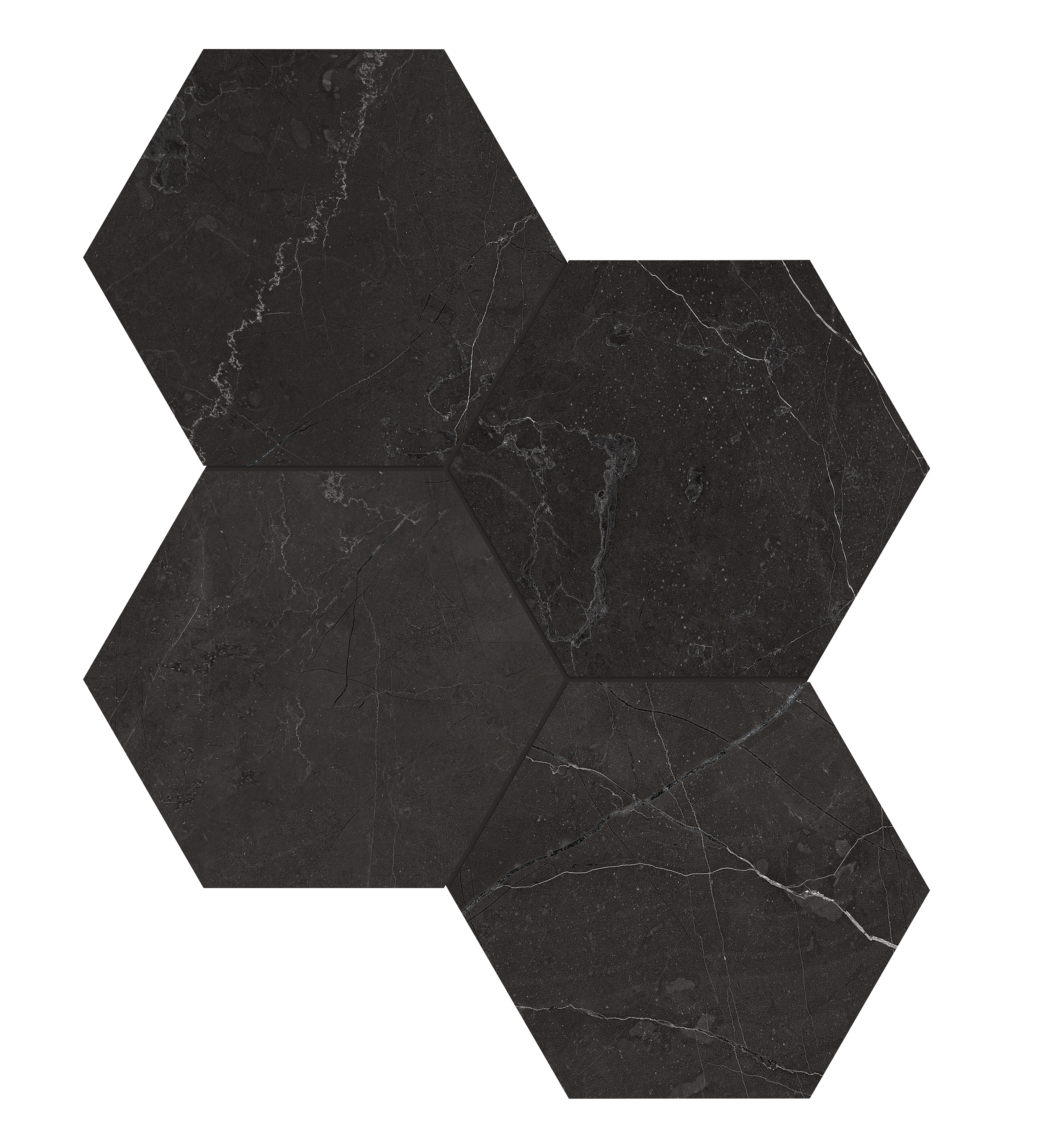 nero venato hexagon 6-inch pattern glazed porcelain mosaic from la marca anatolia collection distributed by surface group international honed finish straight edge edge mesh shape