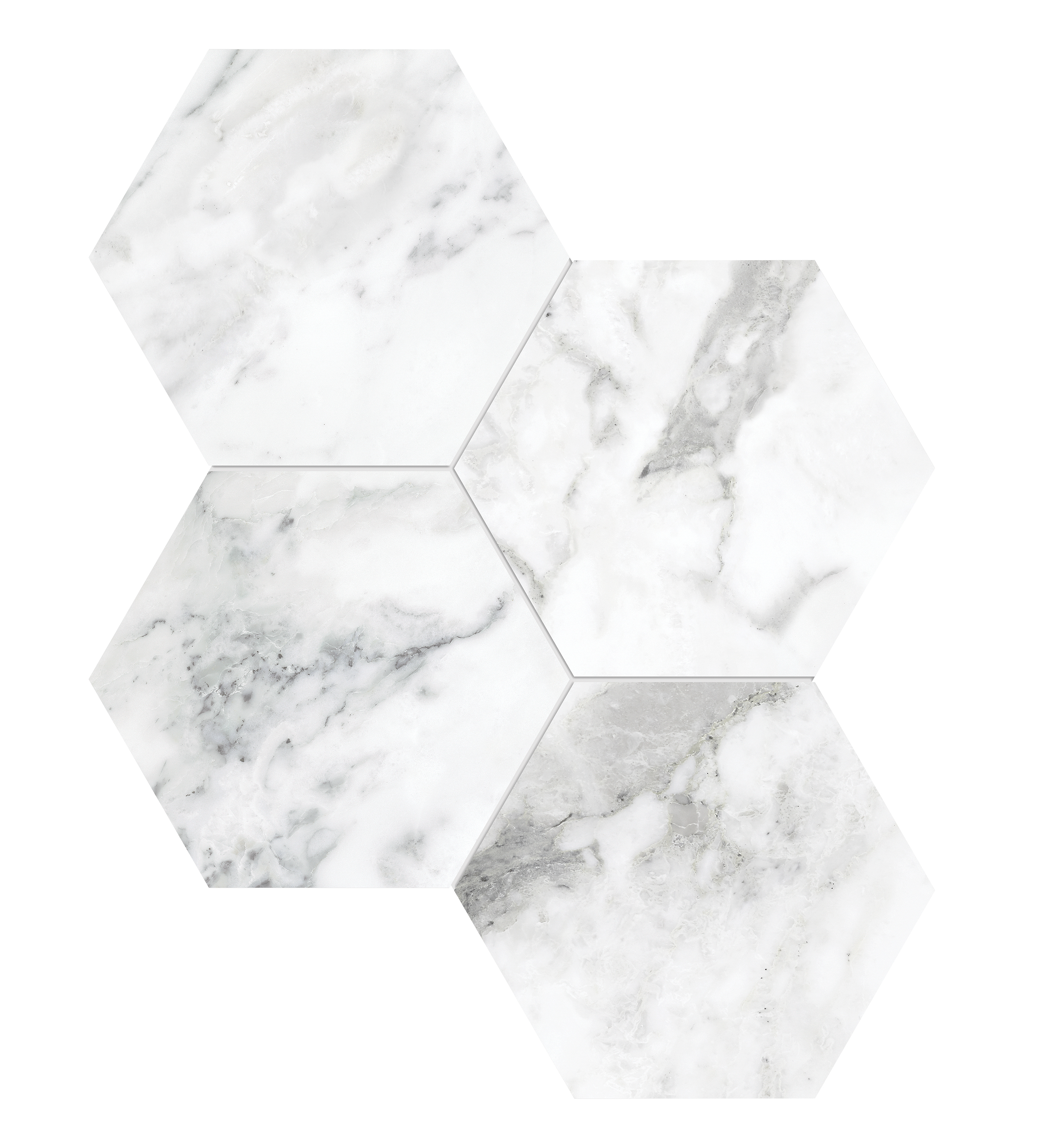 arabescato hexagon 6-inch pattern glazed porcelain mosaic from la marca anatolia collection distributed by surface group international honed finish straight edge edge mesh shape