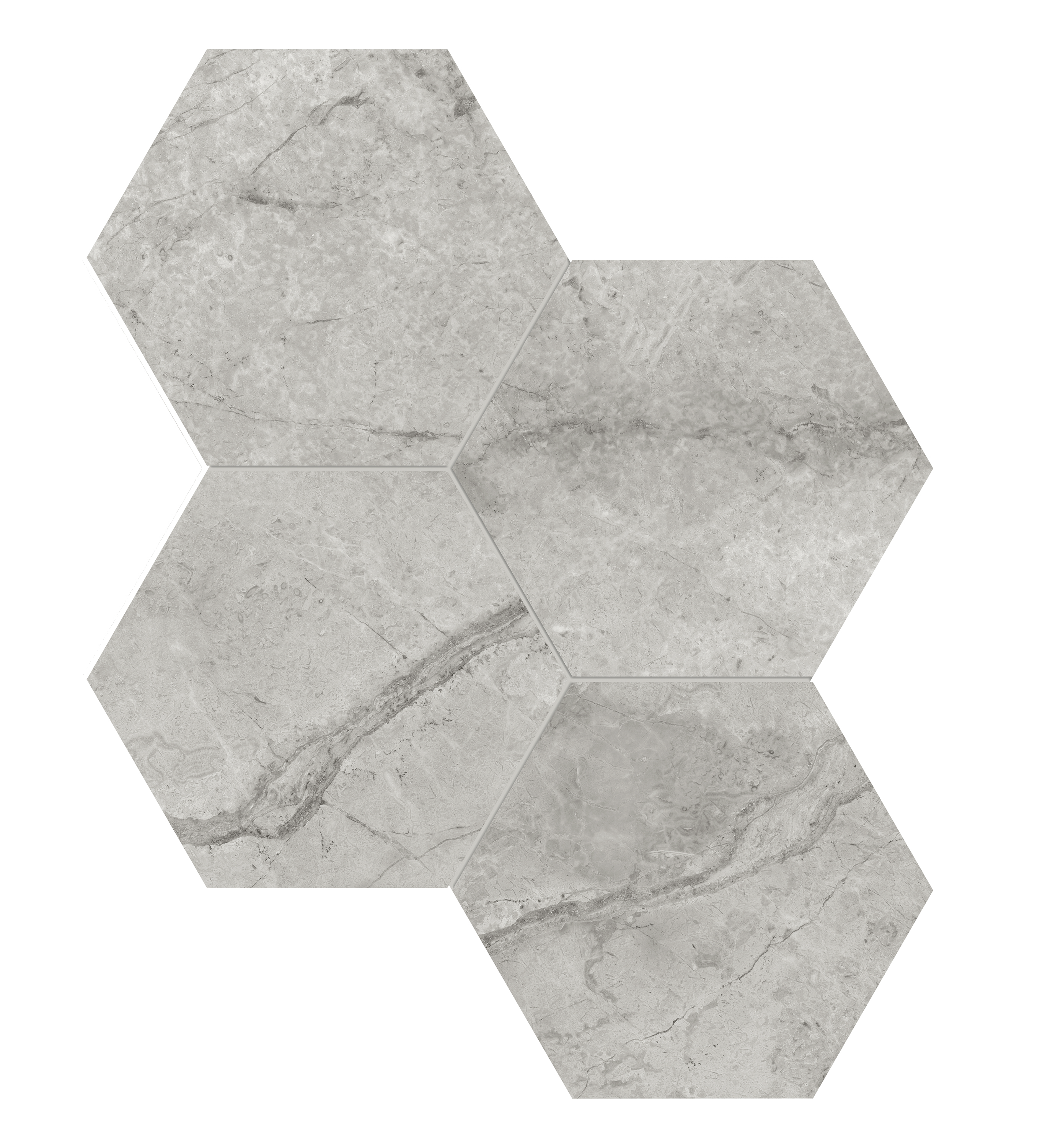 paradiso argento hexagon 6-inch pattern glazed porcelain mosaic from la marca anatolia collection distributed by surface group international honed finish straight edge edge mesh shape