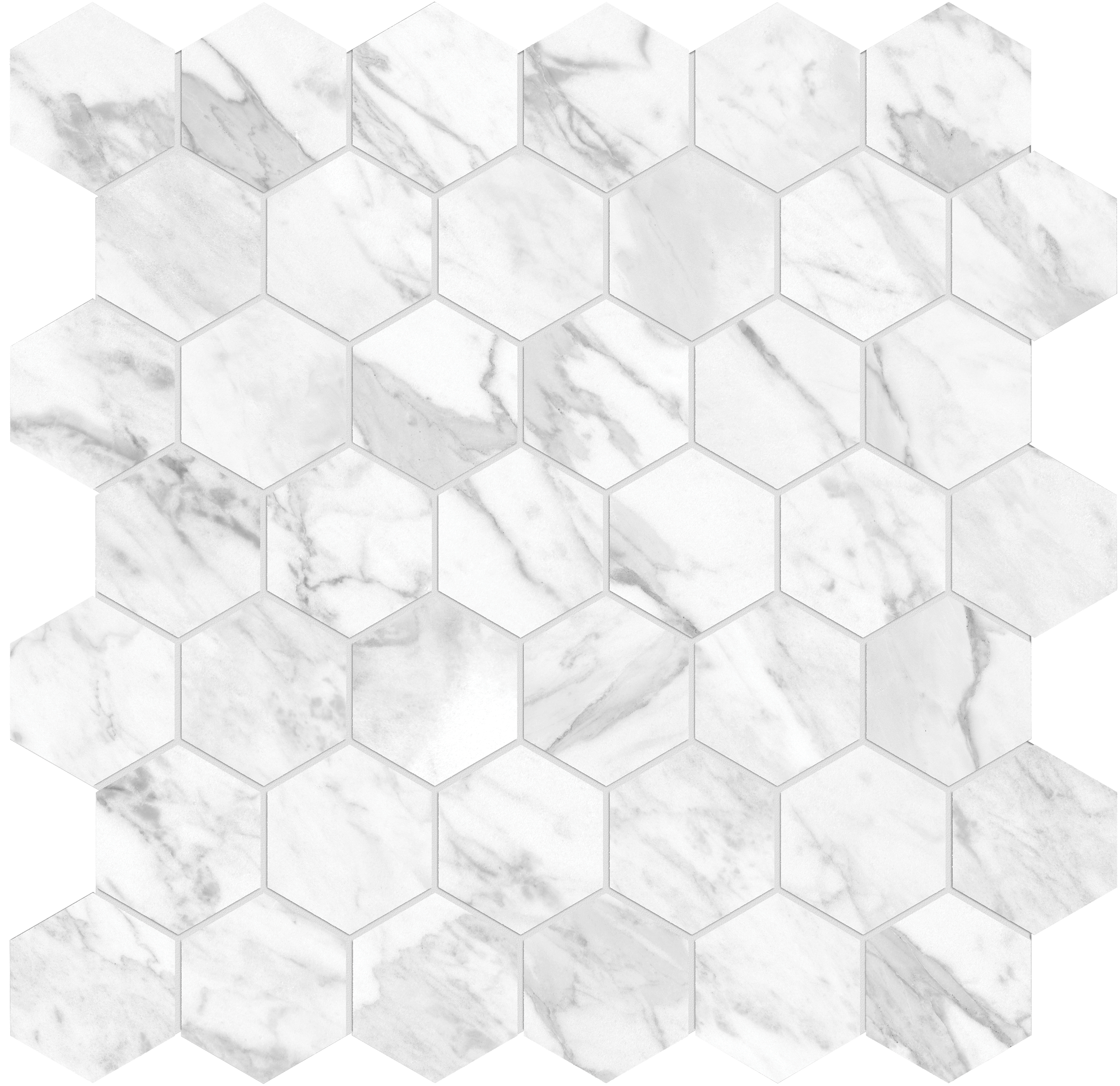 statuarietto hexagon 2-inch pattern glazed porcelain mosaic from la marca anatolia collection distributed by surface group international polished finish straight edge edge mesh shape