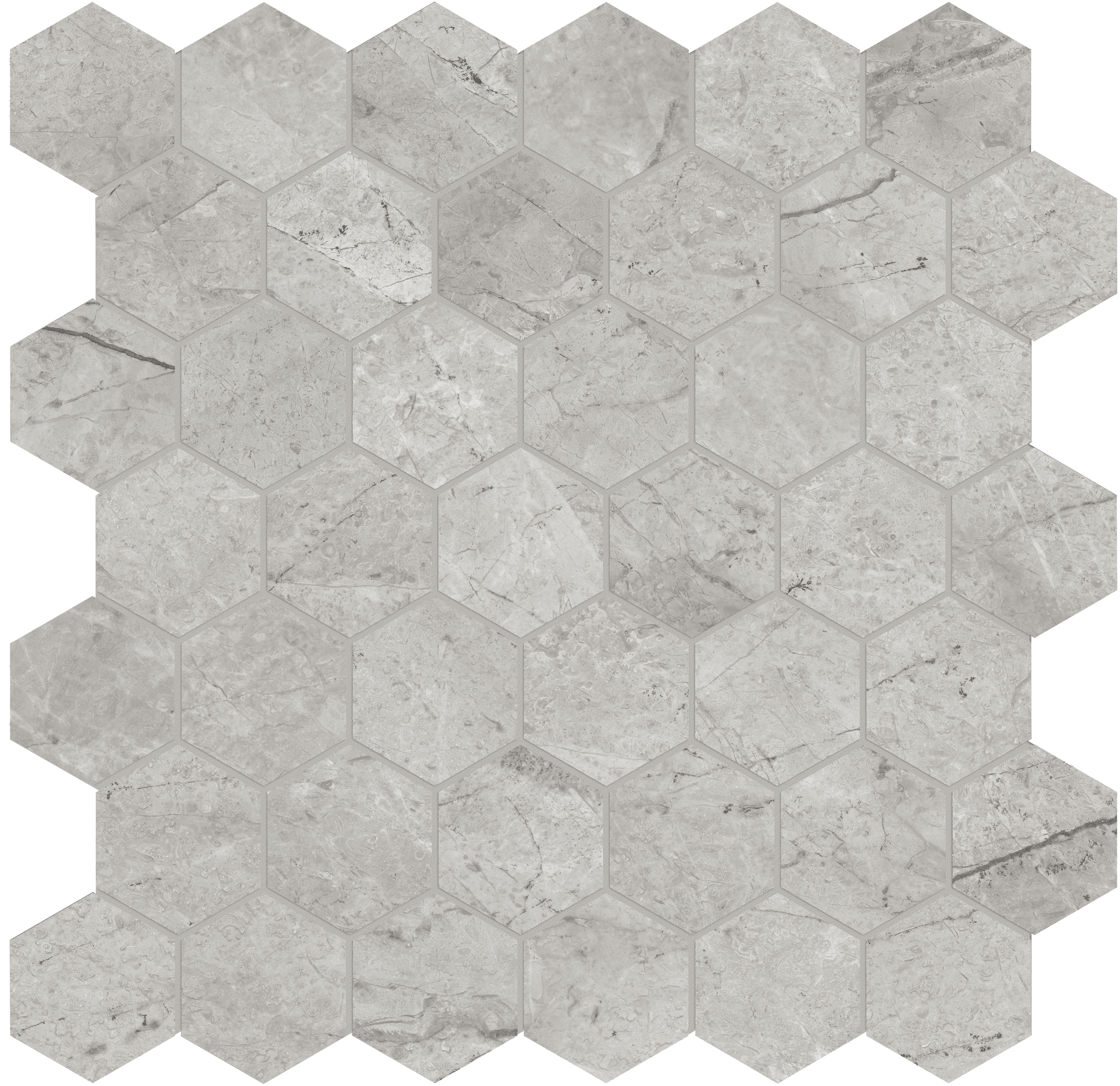 paradiso argento hexagon 2-inch pattern glazed porcelain mosaic from la marca anatolia collection distributed by surface group international polished finish straight edge edge mesh shape