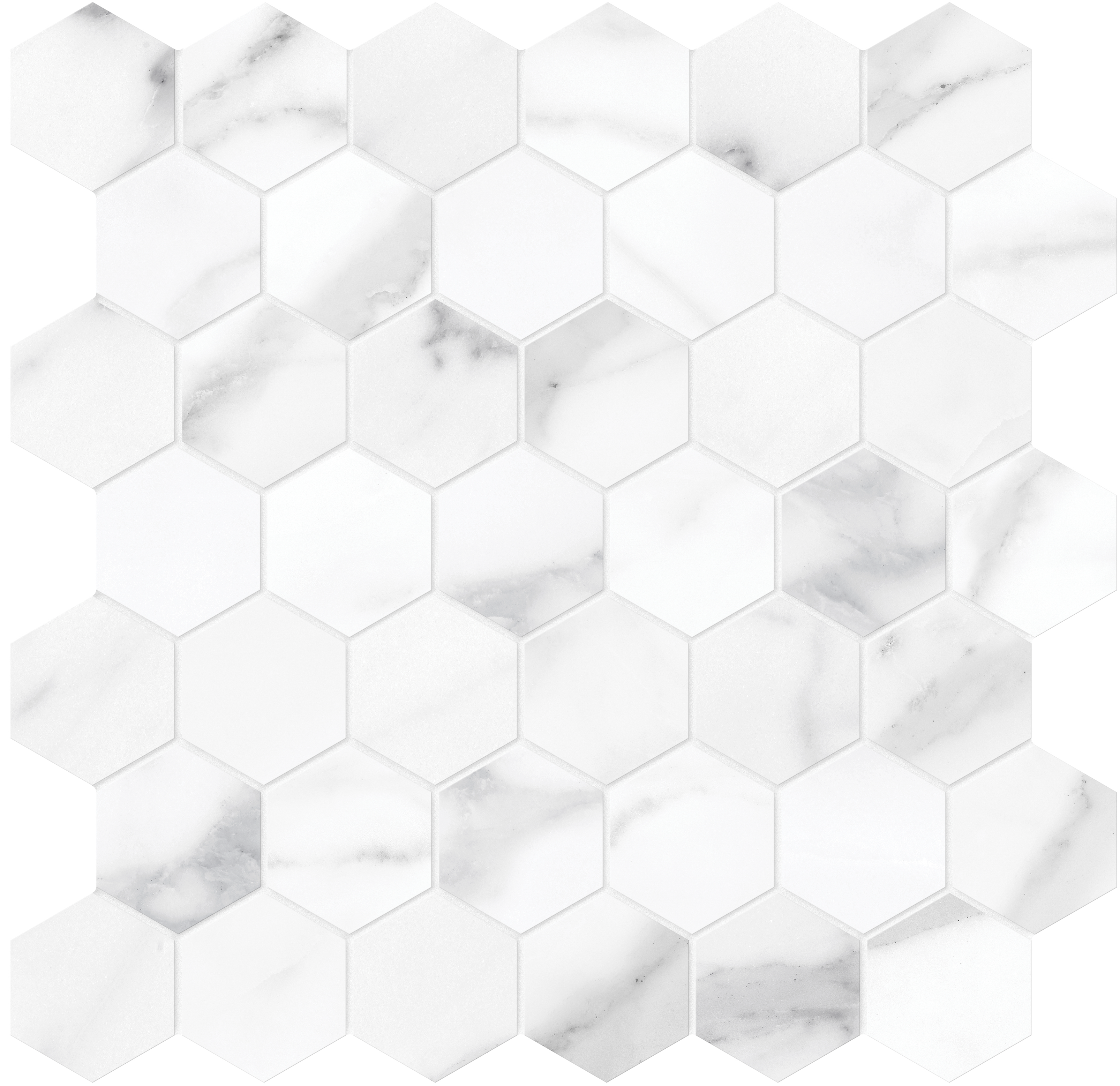 statuario nuovo hexagon 2-inch pattern glazed porcelain mosaic from la marca anatolia collection distributed by surface group international polished finish straight edge edge mesh shape