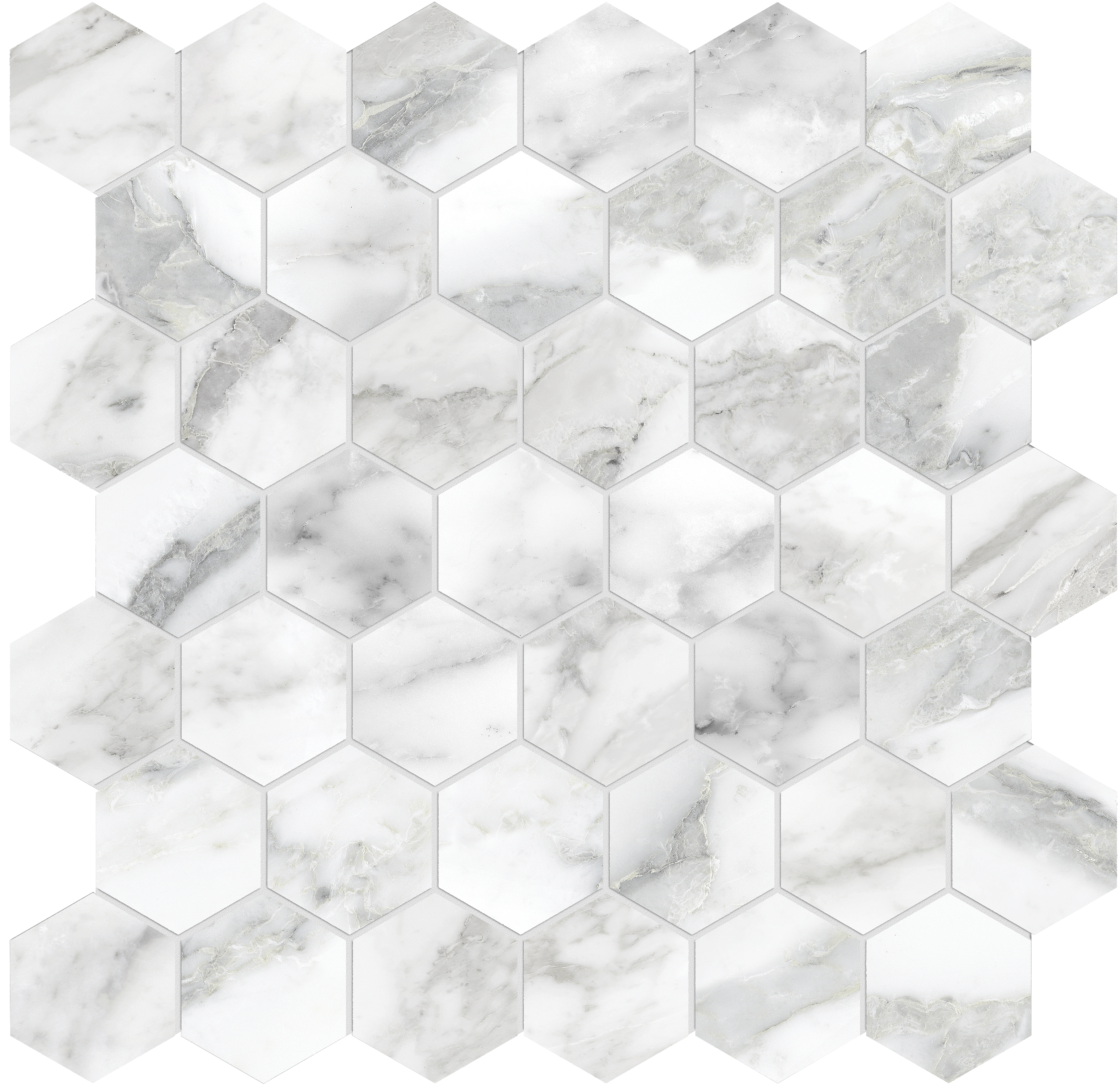 arabescato hexagon 2-inch pattern glazed porcelain mosaic from la marca anatolia collection distributed by surface group international honed finish straight edge edge mesh shape