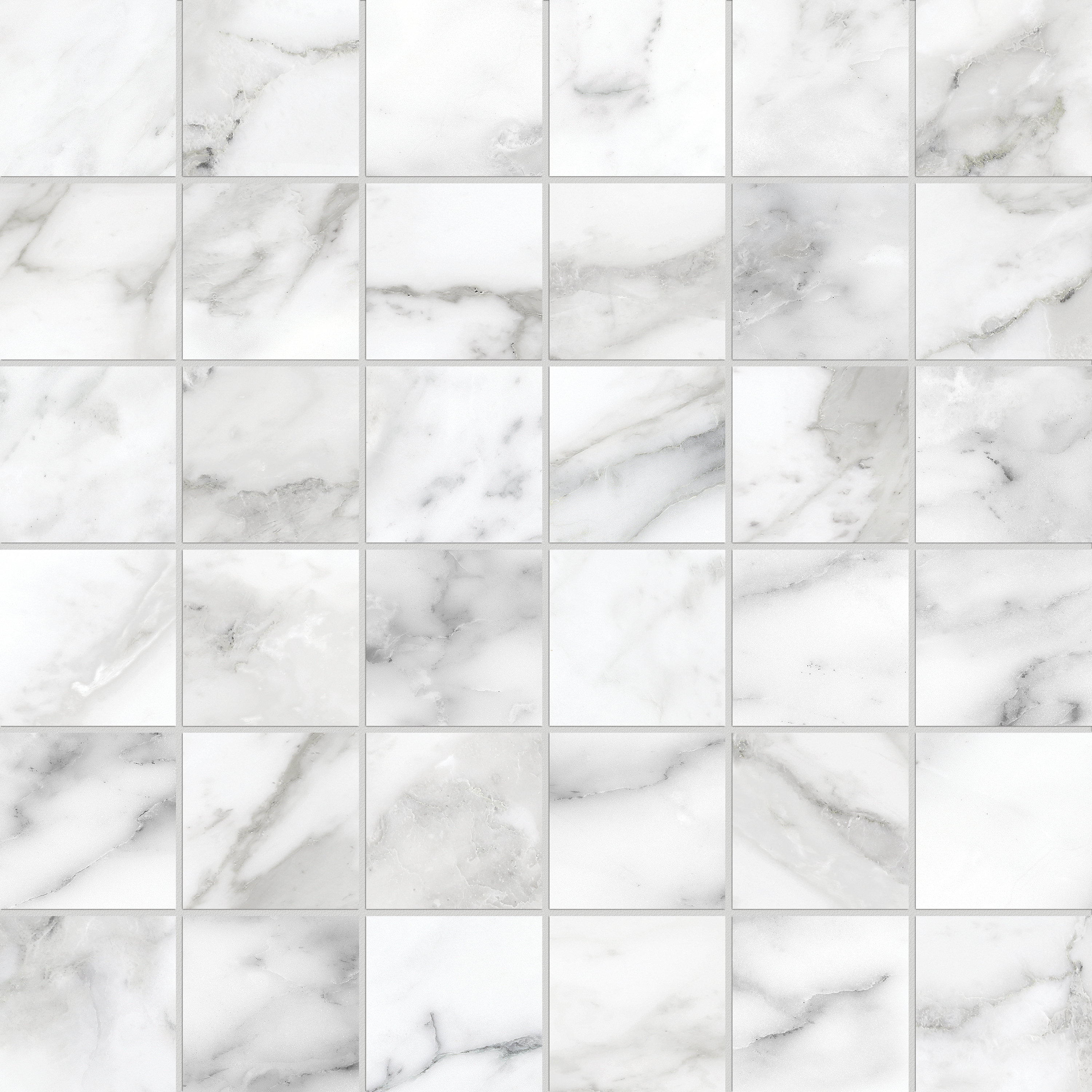 arabescato straight stack 2x2-inch pattern glazed porcelain mosaic from la marca anatolia collection distributed by surface group international honed finish straight edge edge mesh shape