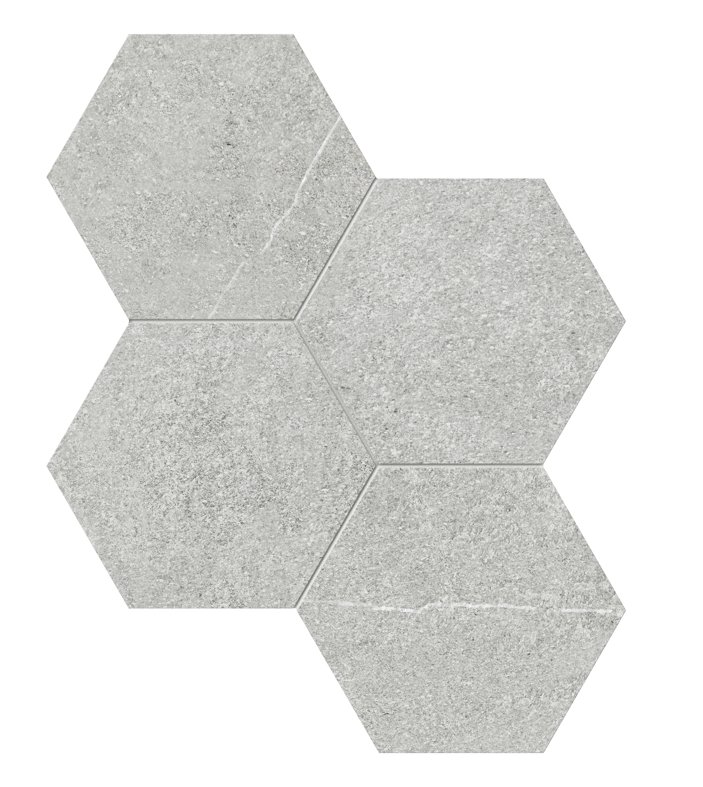 ash hexagon 6-inch pattern color body porcelain mosaic from mjork anatolia collection distributed by surface group international matte finish straight edge edge mesh shape