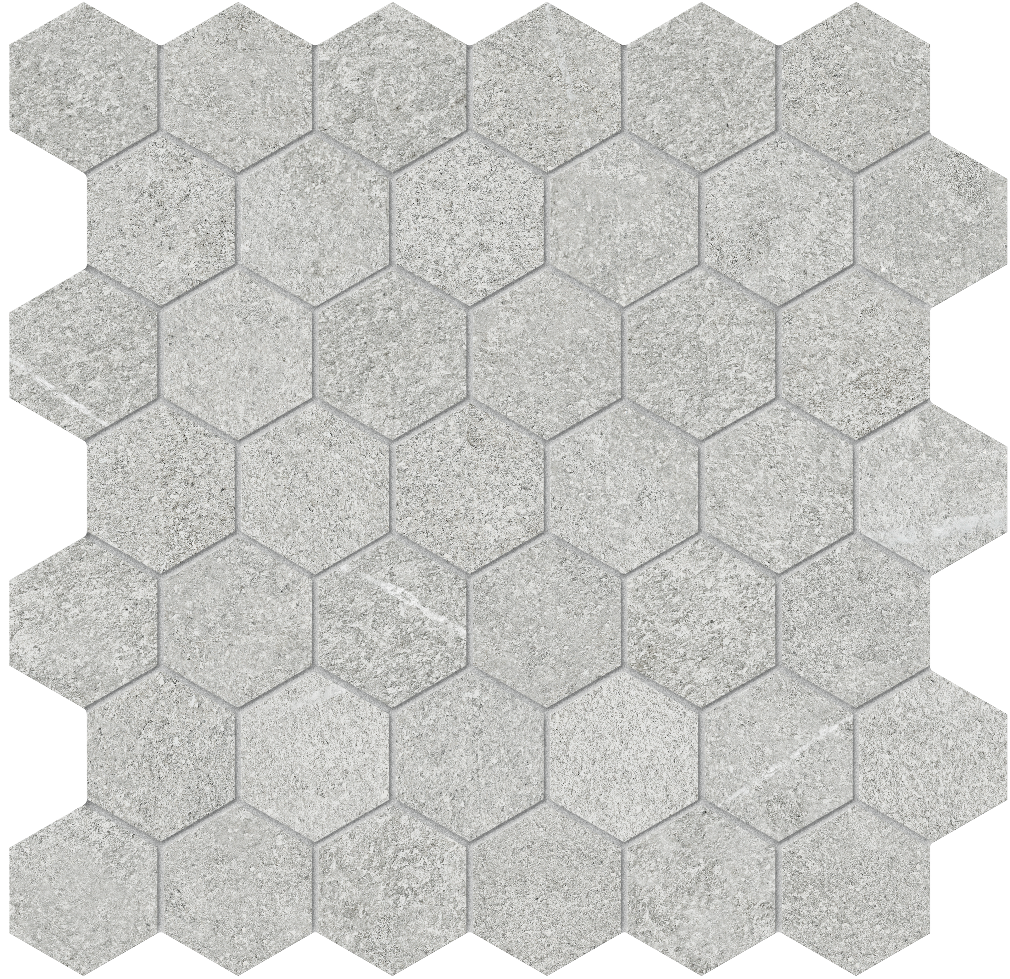 ash hexagon 2-inch pattern color body porcelain mosaic from mjork anatolia collection distributed by surface group international matte finish straight edge edge mesh shape