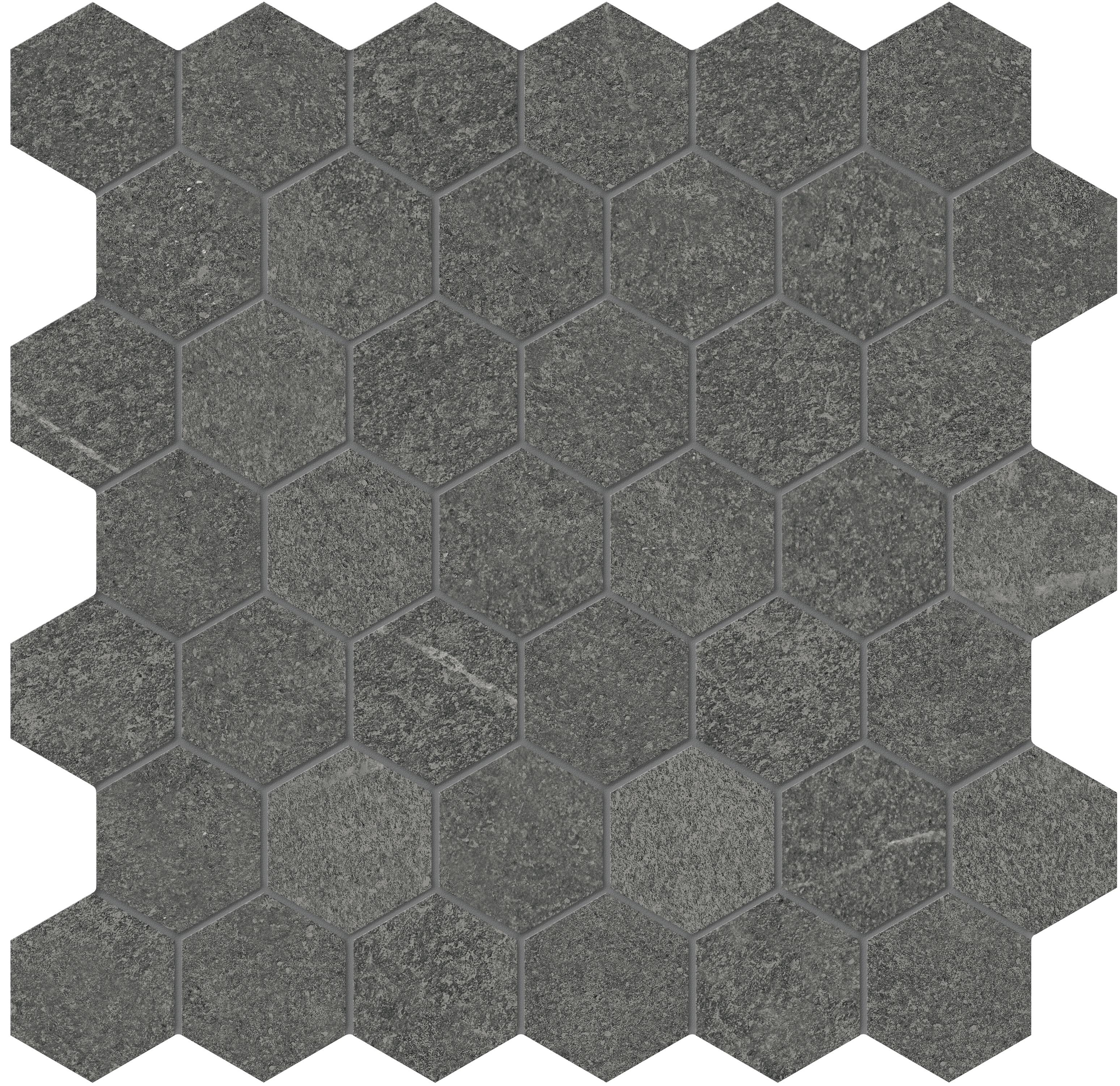 carbon hexagon 2-inch pattern color body porcelain mosaic from mjork anatolia collection distributed by surface group international matte finish straight edge edge mesh shape