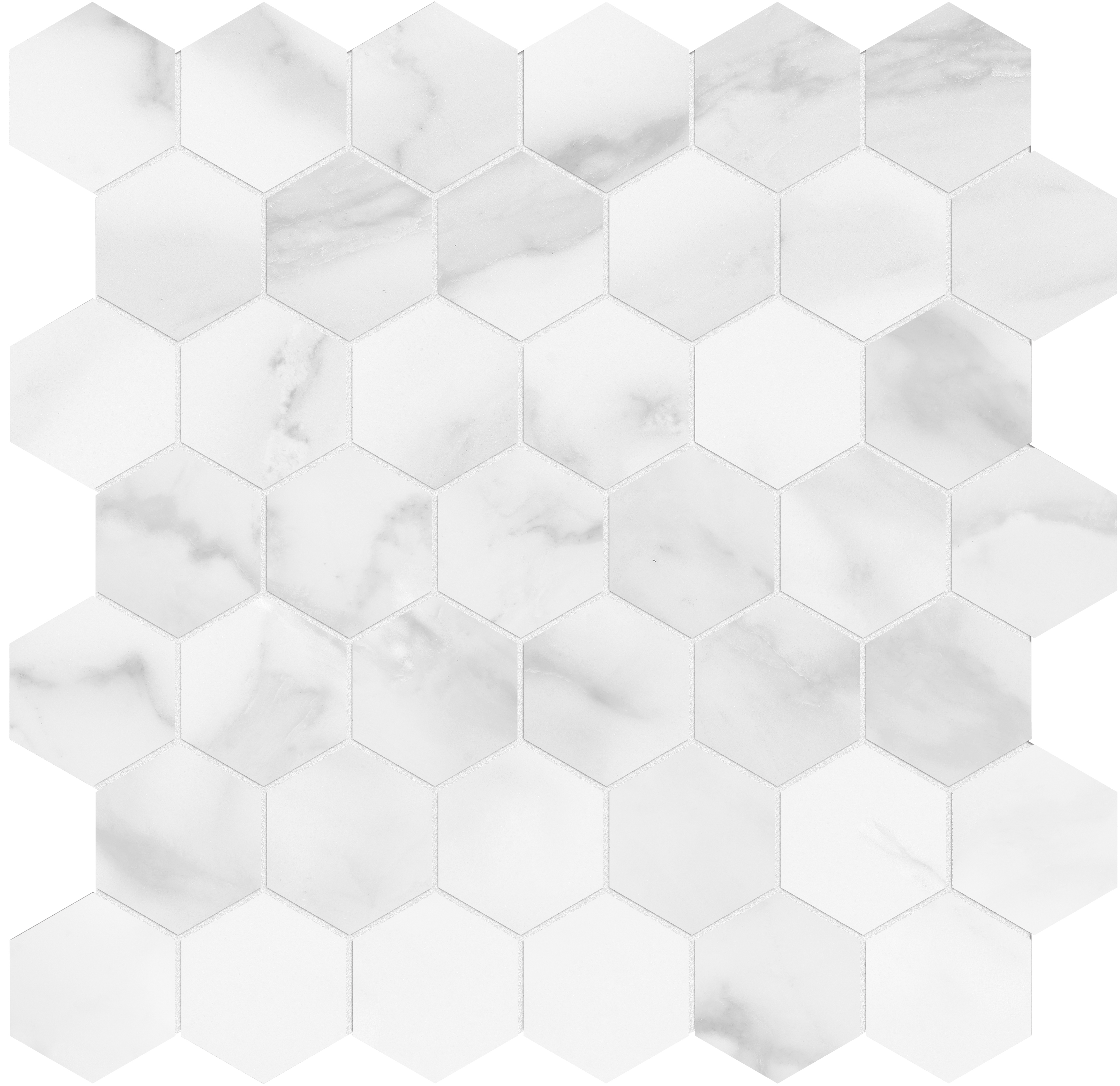 statuario brina hexagon 2-inch pattern glazed porcelain mosaic from plata anatolia collection distributed by surface group international polished finish rectified edge mesh shape