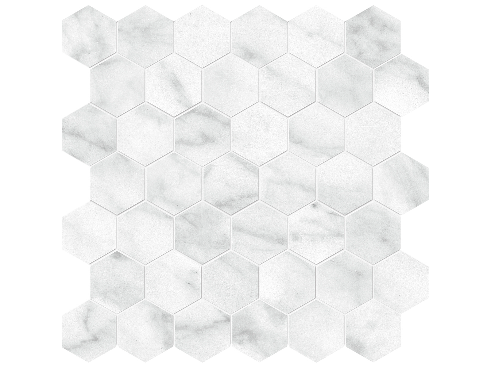 carrara abisso hexagon 2-inch pattern glazed porcelain mosaic from plata anatolia collection distributed by surface group international polished finish rectified edge mesh shape