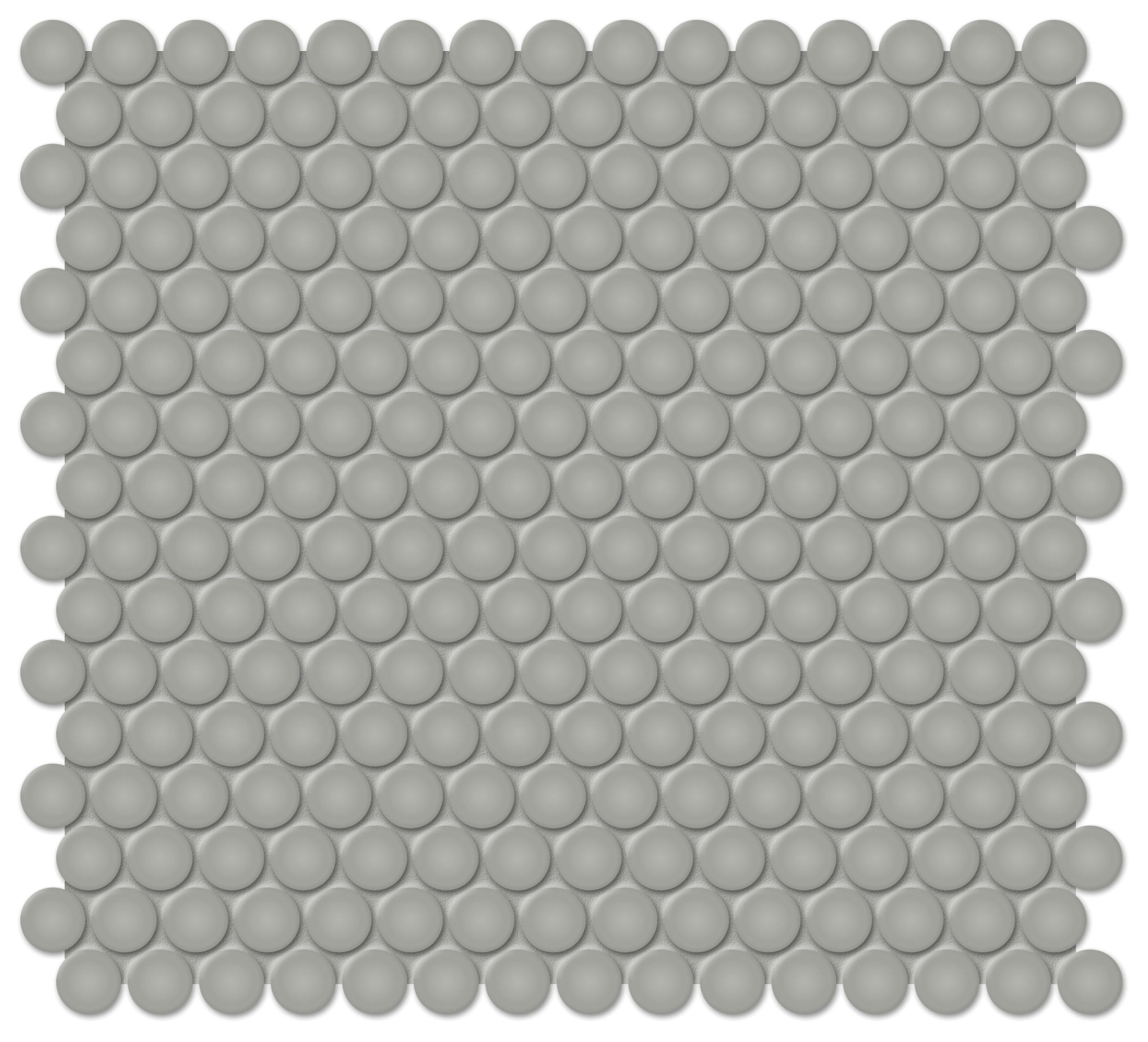 cement chic penny round 3_4-inch pattern glazed porcelain mosaic from soho anatolia collection distributed by surface group international glossy finish pressed edge mesh shape