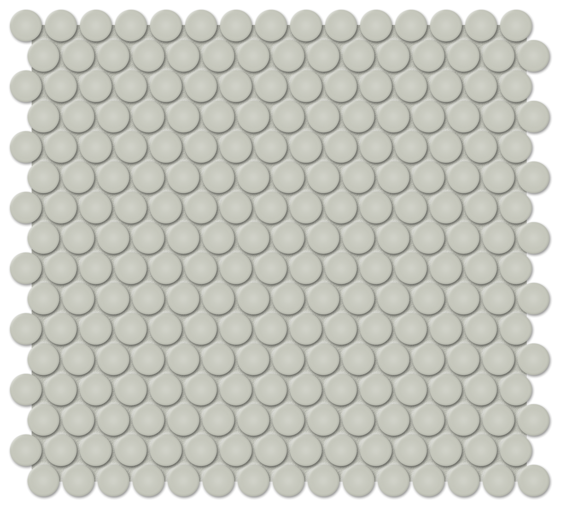 soft sage penny round 3_4-inch pattern glazed porcelain mosaic from soho anatolia collection distributed by surface group international glossy finish pressed edge mesh shape