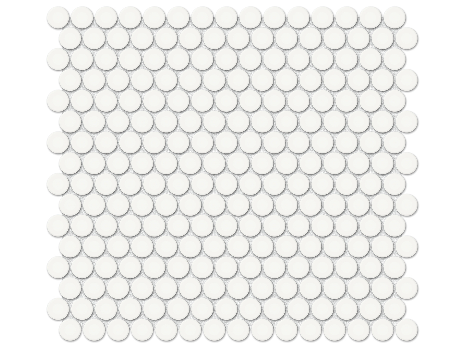 canvas white penny round 3_4-inch pattern glazed porcelain mosaic from soho anatolia collection distributed by surface group international matte finish pressed edge mesh shape