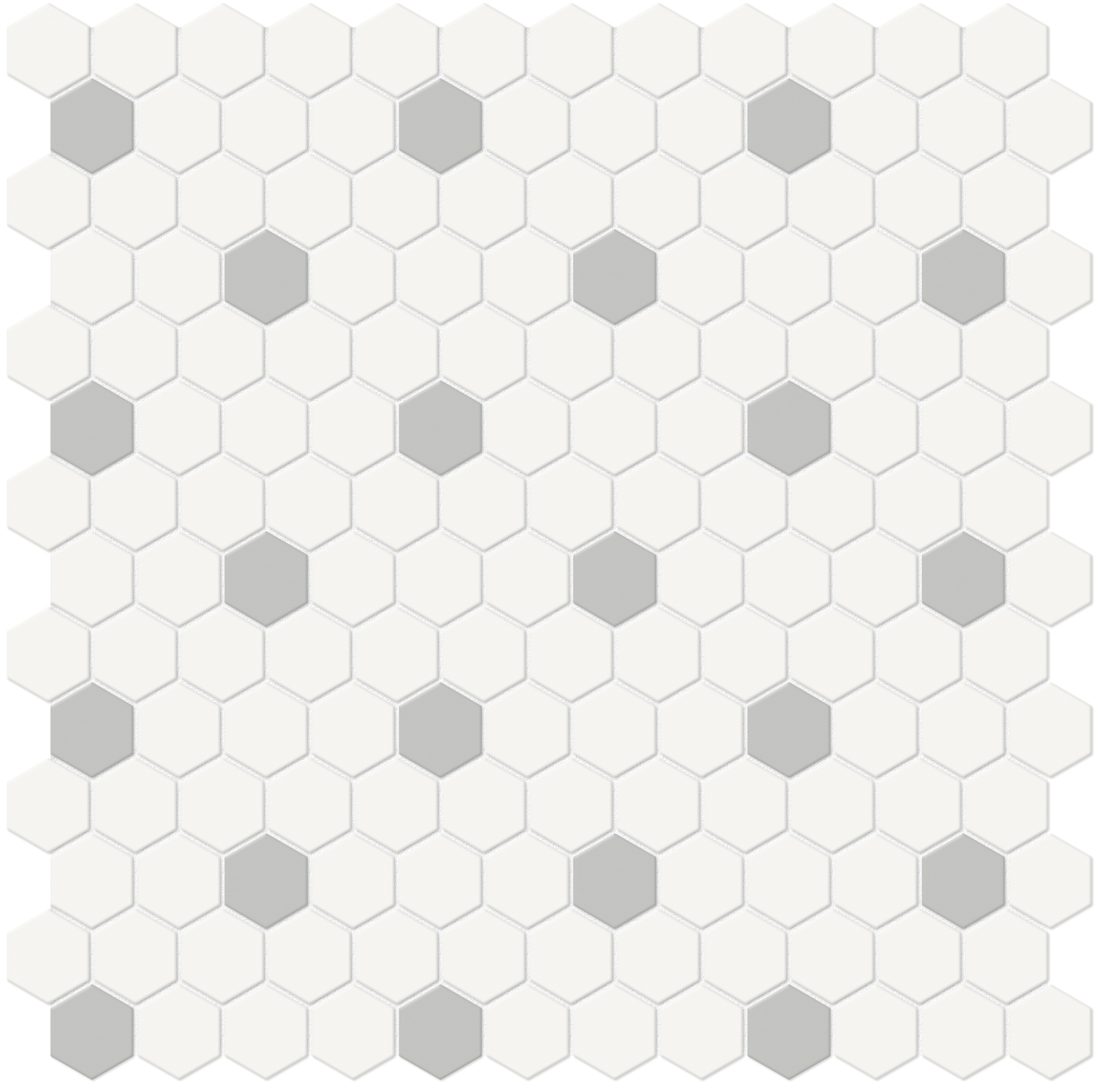 canvas white loft grey hexagon 1-inch pattern glazed porcelain mosaic from soho anatolia collection distributed by surface group international matte finish pressed edge mesh shape