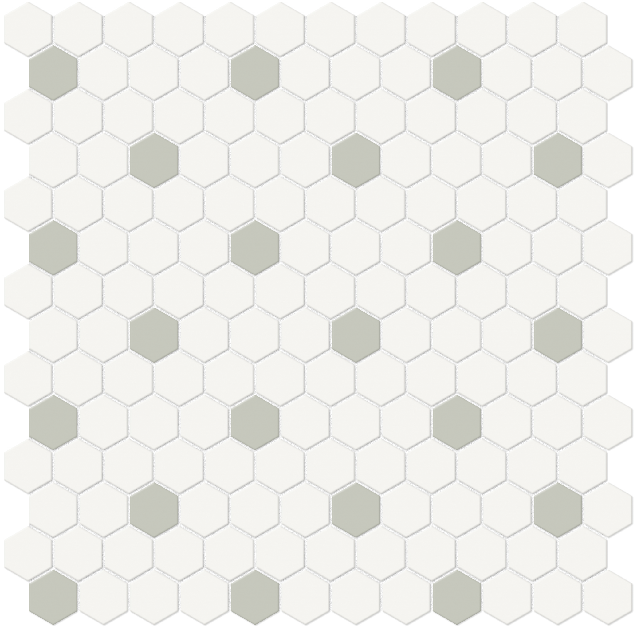 canvas white soft sage hexagon 1-inch pattern glazed porcelain mosaic from soho anatolia collection distributed by surface group international matte finish pressed edge mesh shape