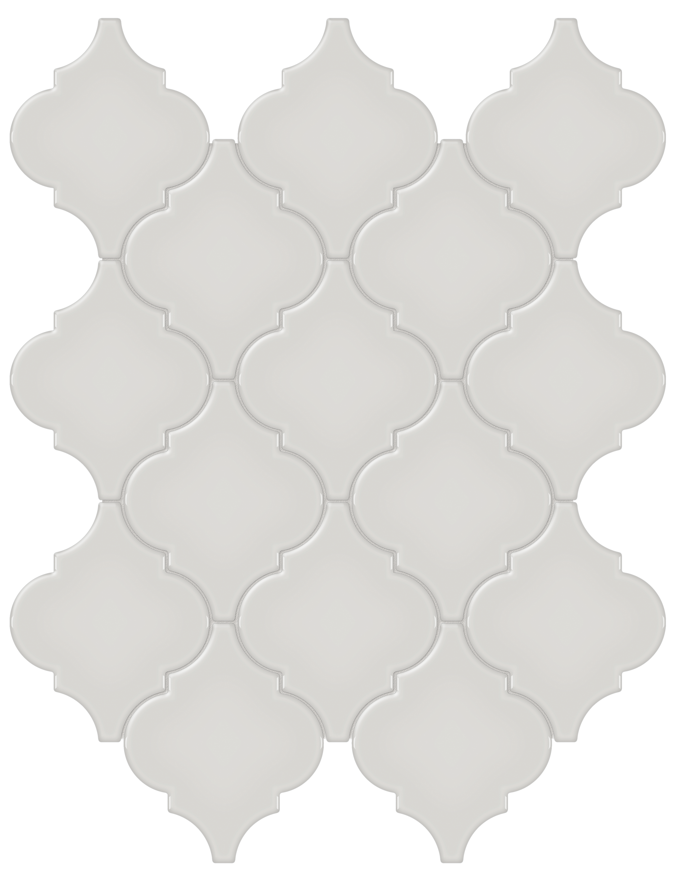 halo grey arabesque pattern glazed porcelain mosaic from soho anatolia collection distributed by surface group international glossy finish pressed edge mesh shape