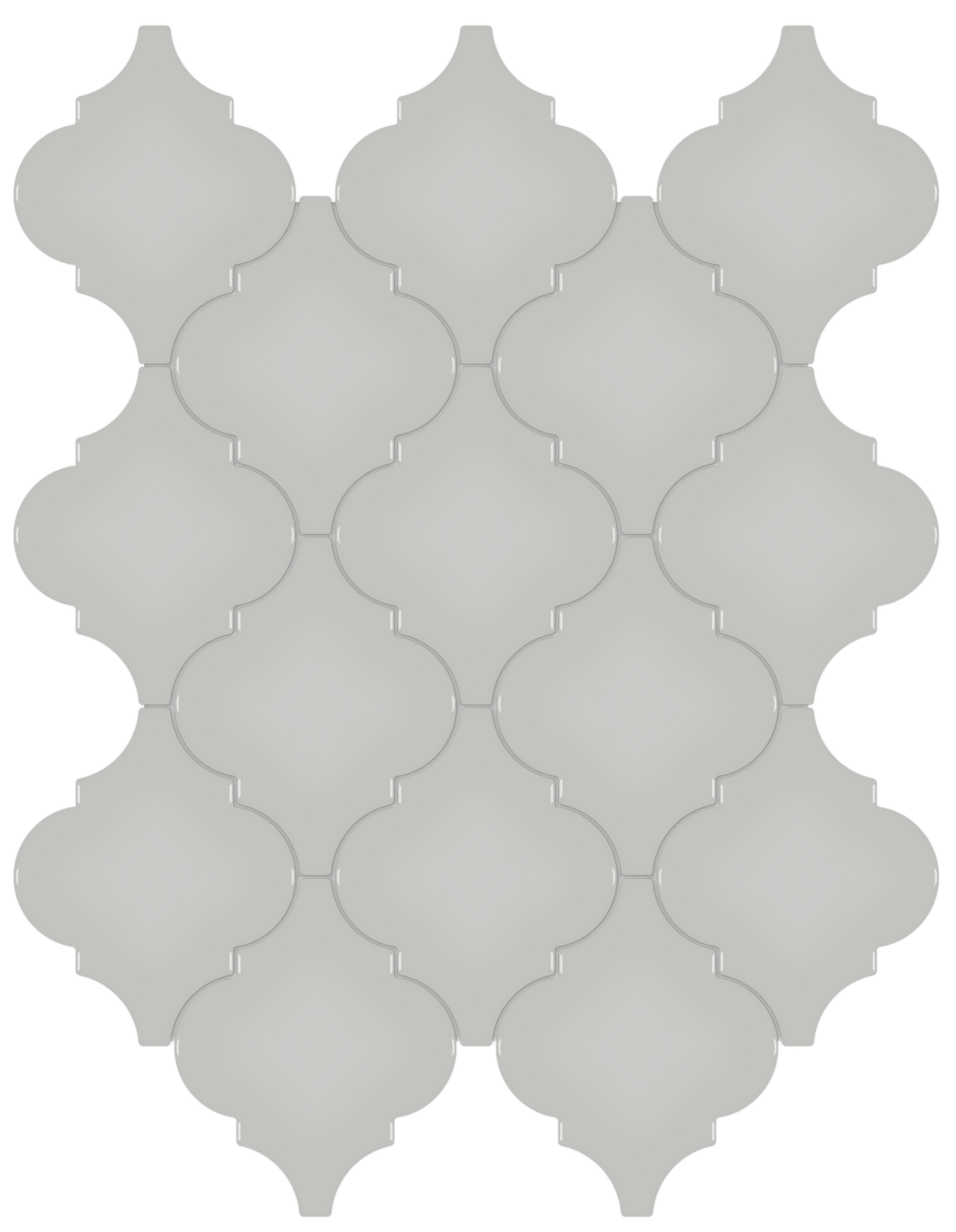 loft grey arabesque pattern glazed porcelain mosaic from soho anatolia collection distributed by surface group international glossy finish pressed edge mesh shape