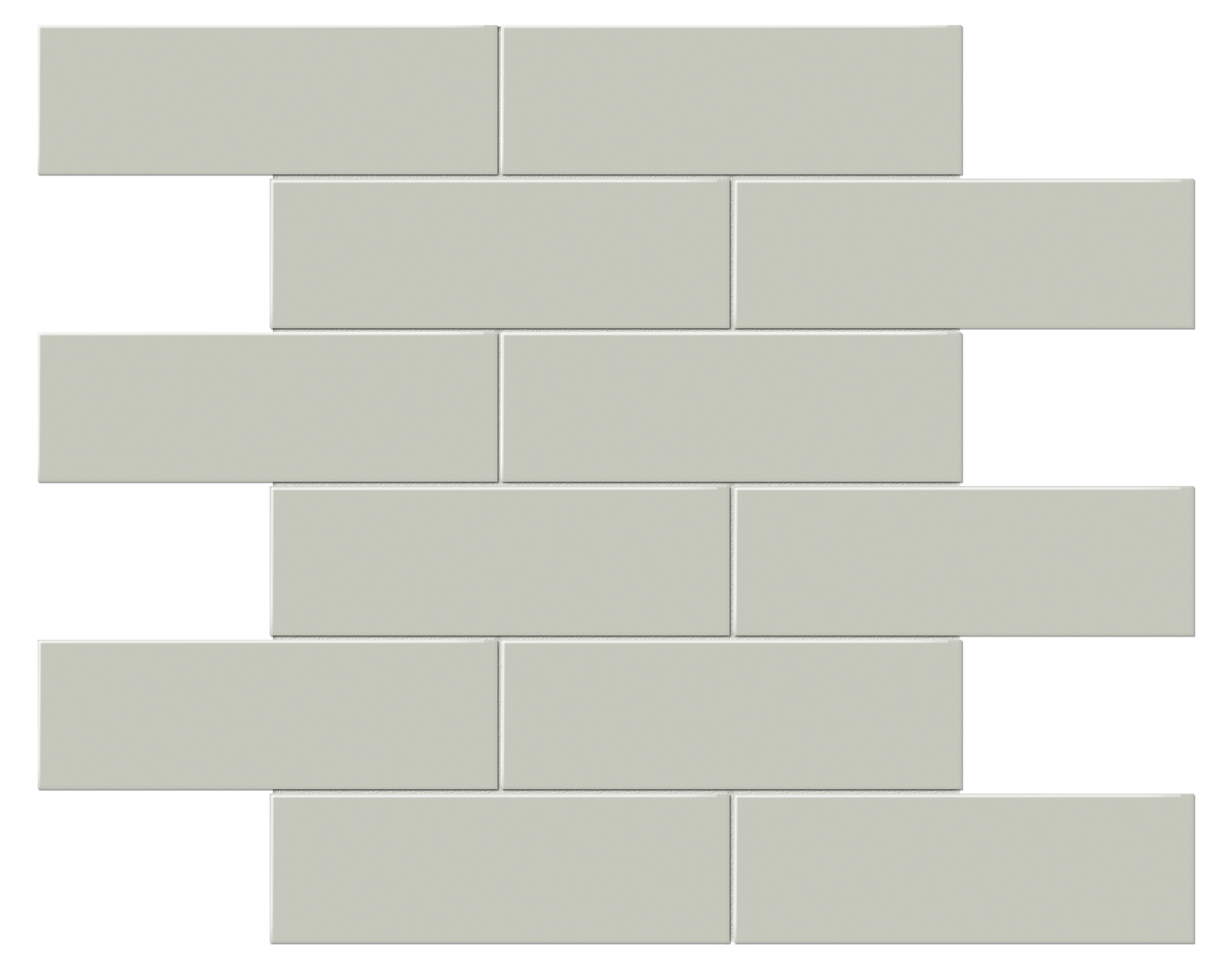 soft sage brick offset 2x6-inch pattern glazed porcelain mosaic from soho anatolia collection distributed by surface group international glossy finish pressed edge mesh shape