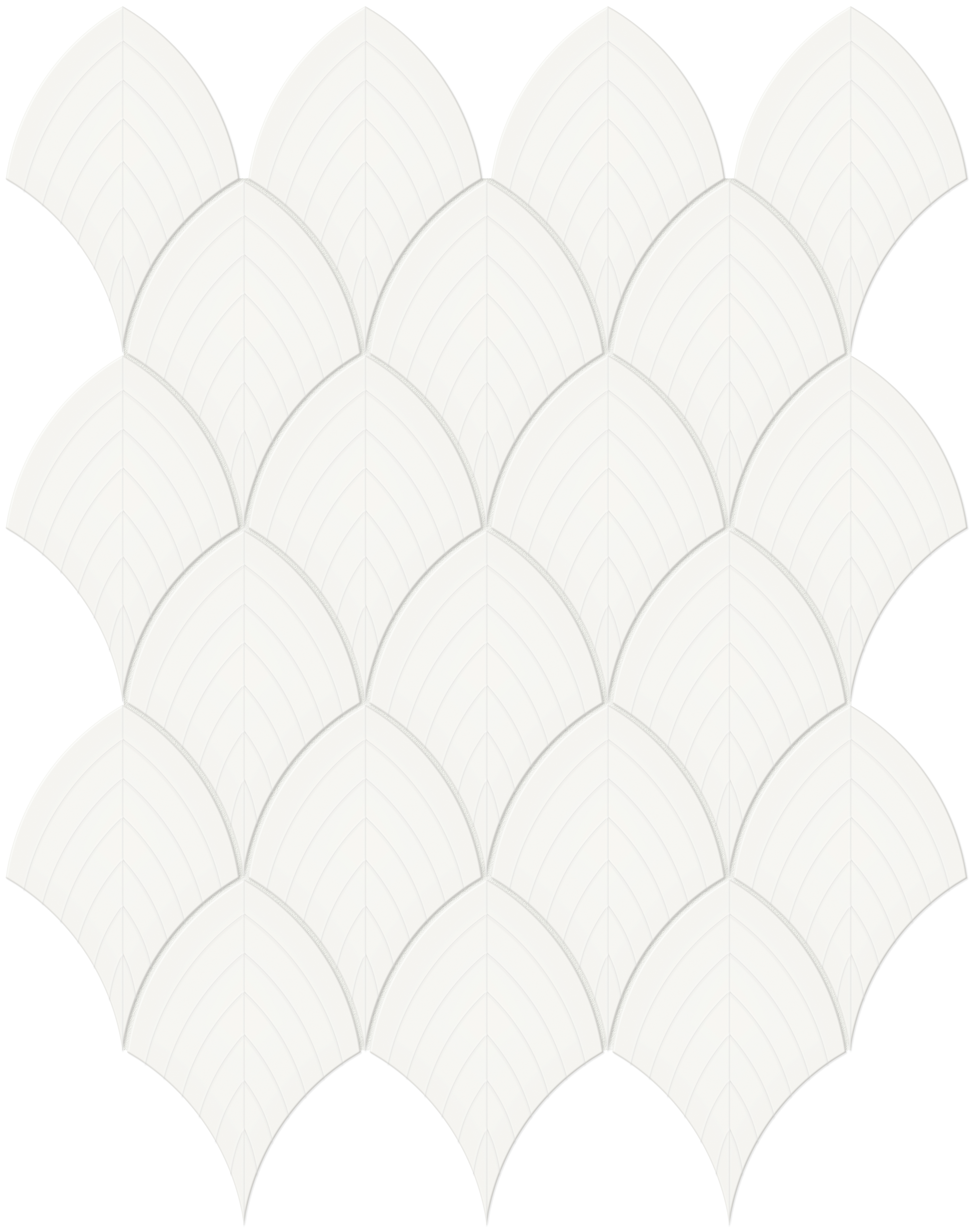 canvas white embossed scallop pattern glazed porcelain wall mosaic from soho anatolia collection distributed by surface group international glossy finish pressed edge mesh shape