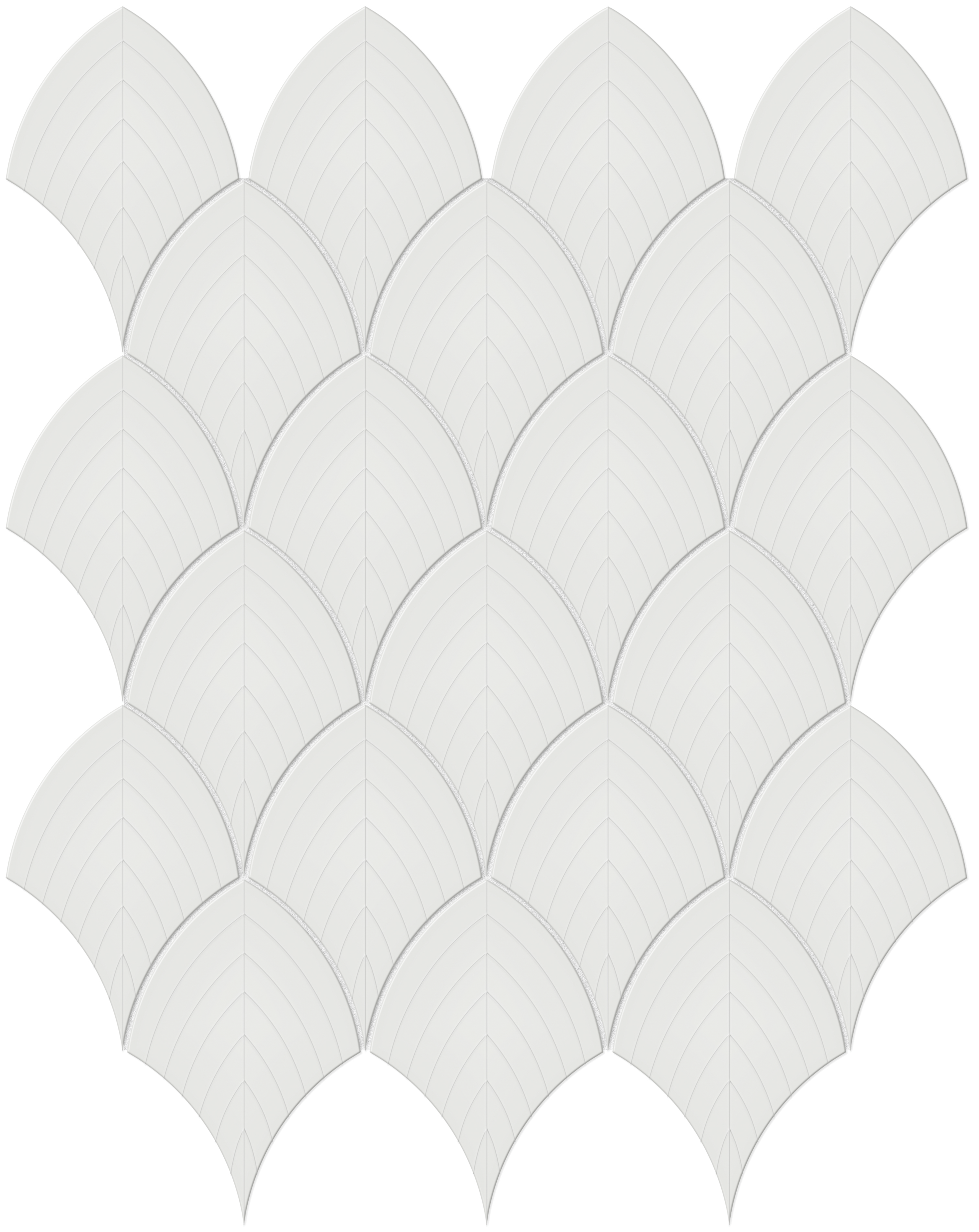 vintage grey embossed scallop pattern glazed porcelain wall mosaic from soho anatolia collection distributed by surface group international glossy finish pressed edge mesh shape