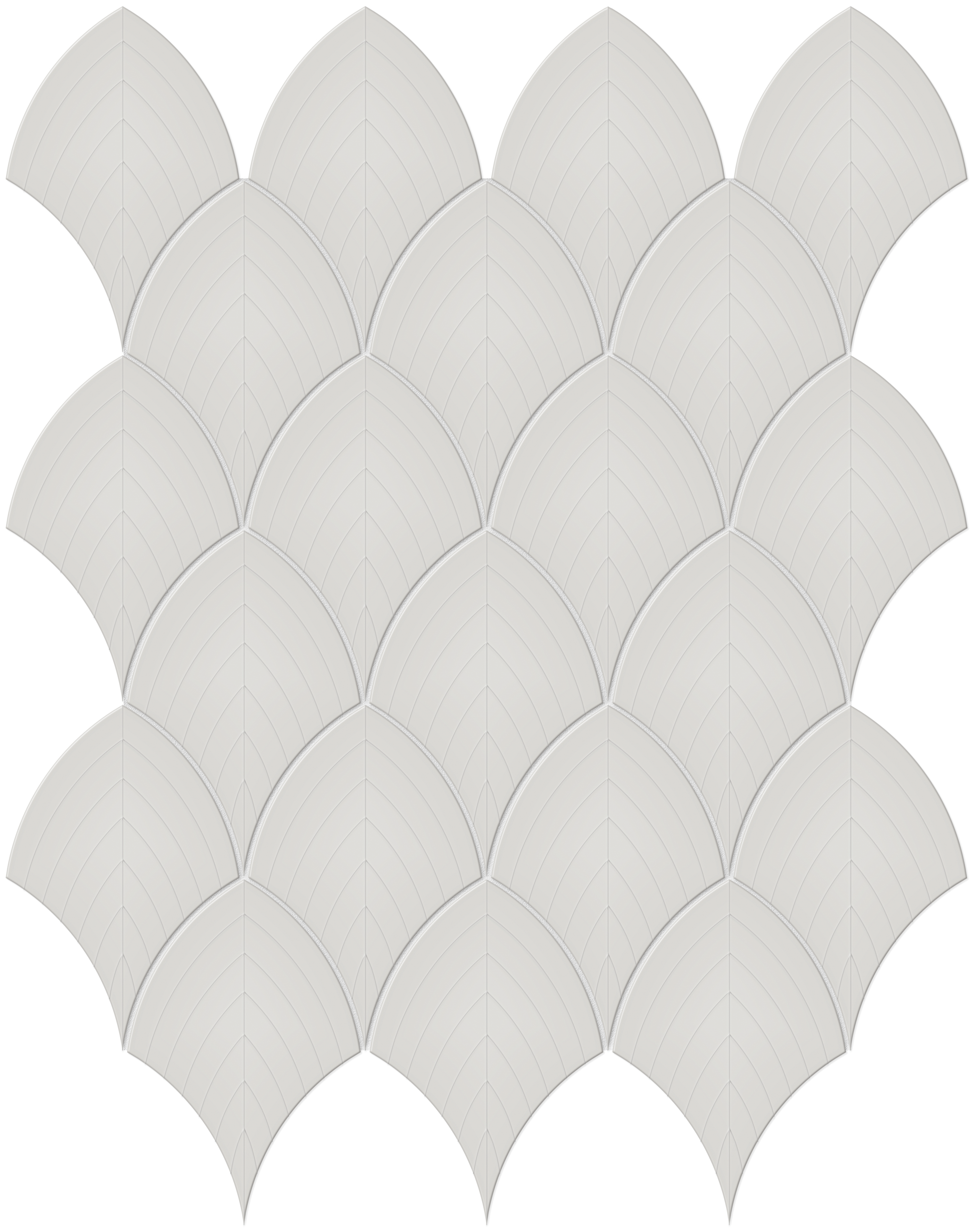 halo grey embossed scallop pattern glazed porcelain wall mosaic from soho anatolia collection distributed by surface group international glossy finish pressed edge mesh shape