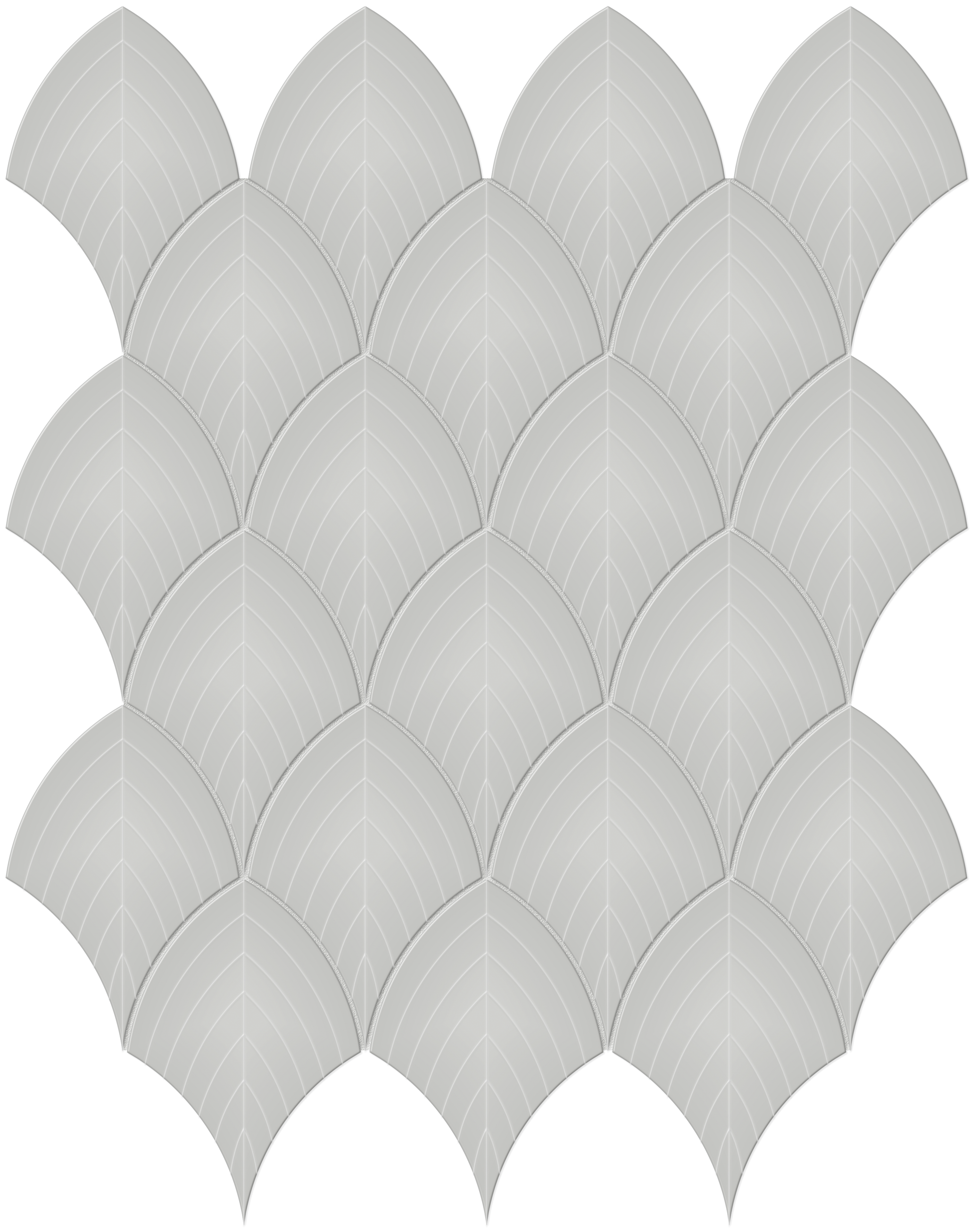 loft grey embossed scallop pattern glazed porcelain wall mosaic from soho anatolia collection distributed by surface group international glossy finish pressed edge mesh shape