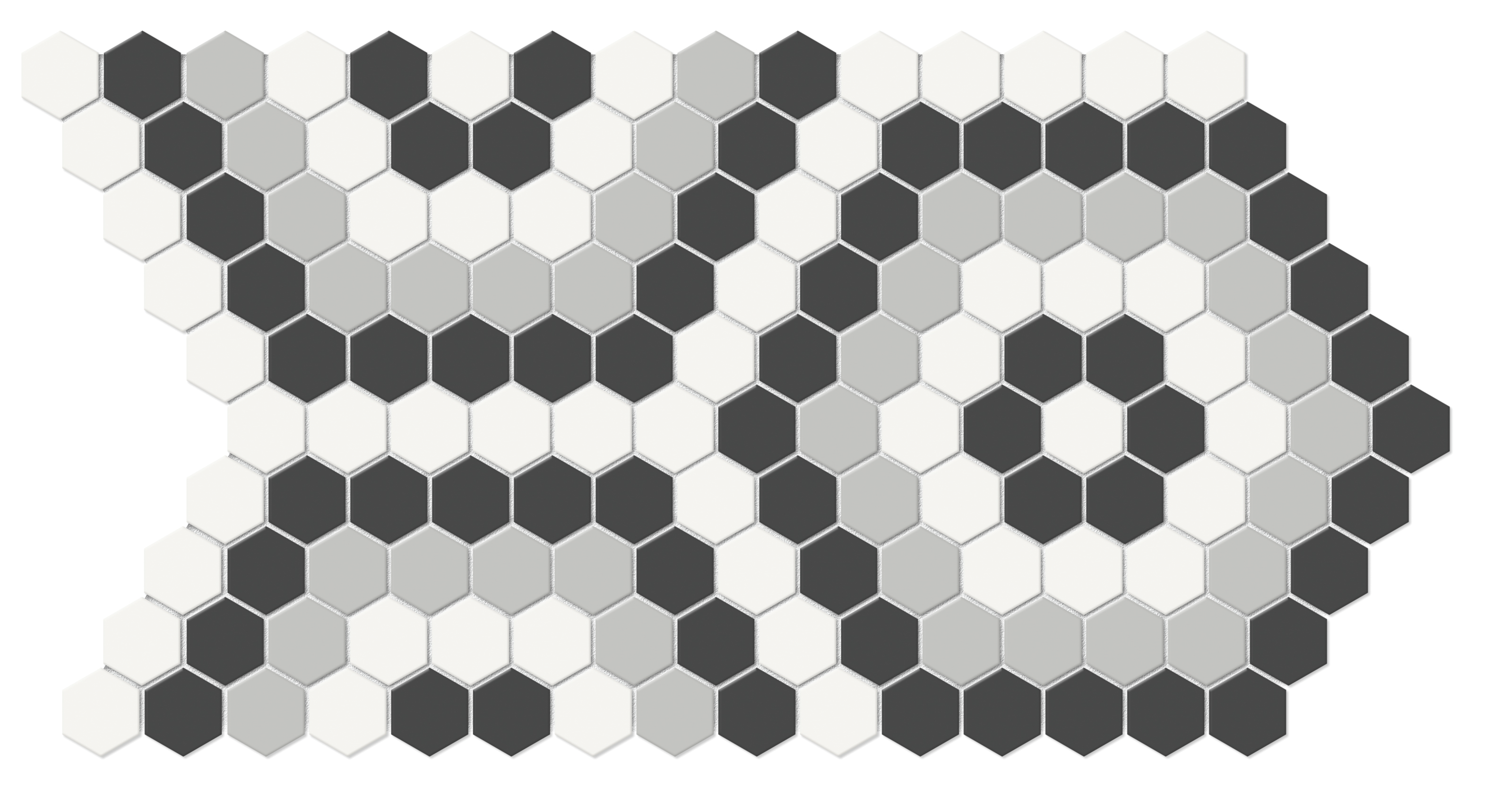 midnight hexagon pattern glazed porcelain mosaic print blend from soho anatolia collection distributed by surface group international matte finish pressed edge mesh shape