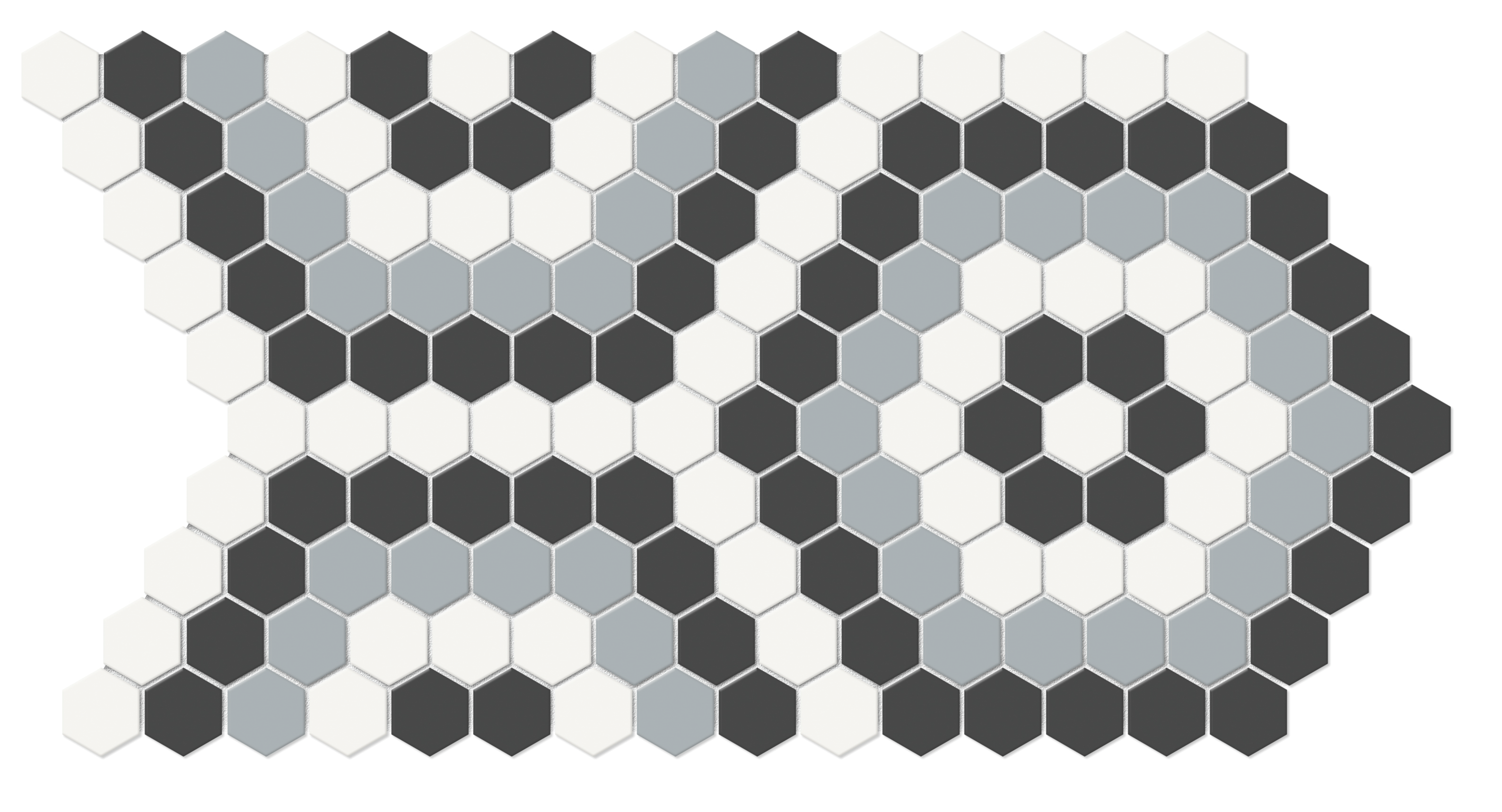 dawn hexagon pattern glazed porcelain mosaic print blend from soho anatolia collection distributed by surface group international matte finish pressed edge mesh shape