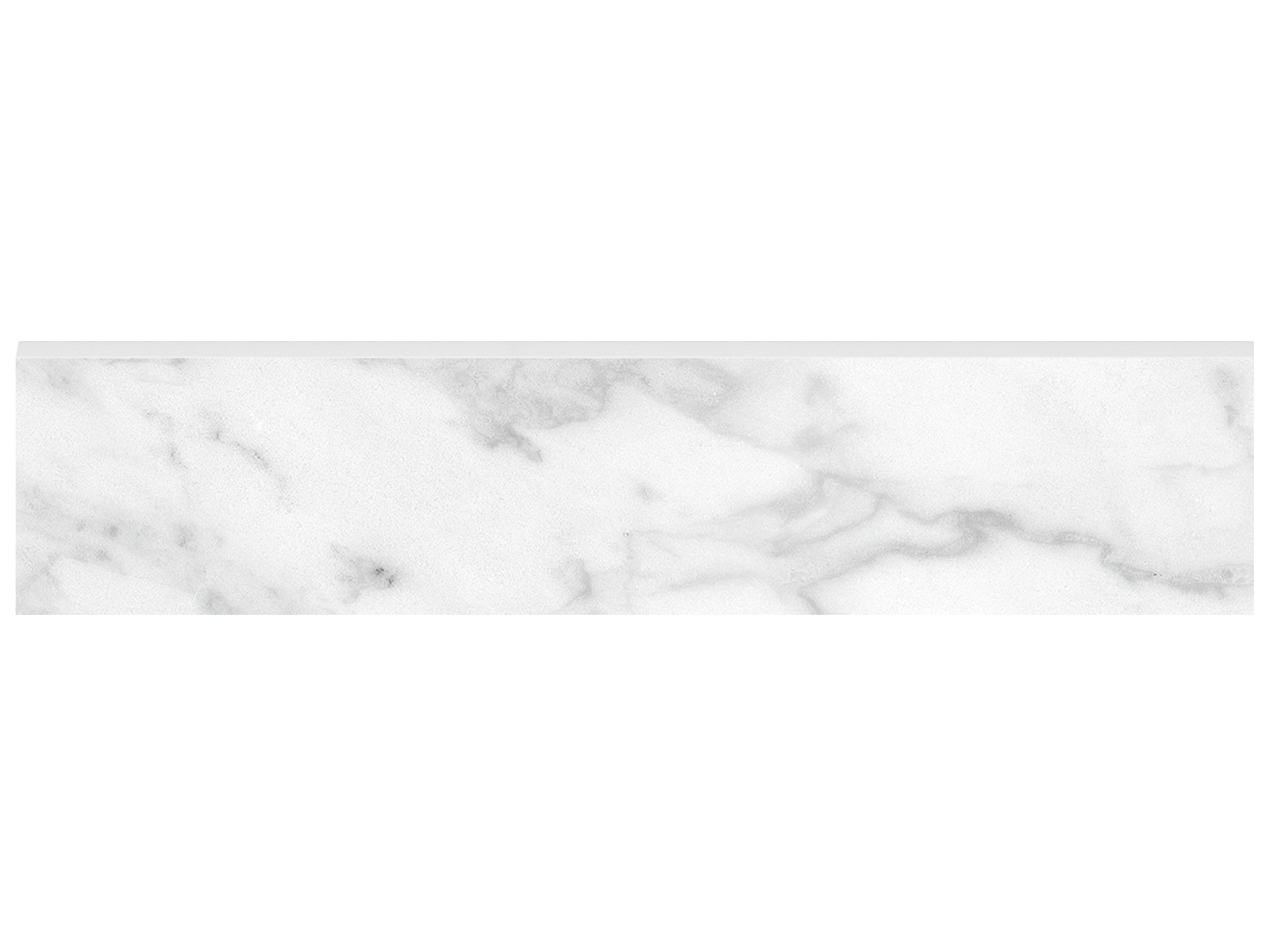 carrara abisso pattern glazed porcelain bullnose molding from plata anatolia collection distributed by surface group international polished finish straight edge edge 3x12 bar shape