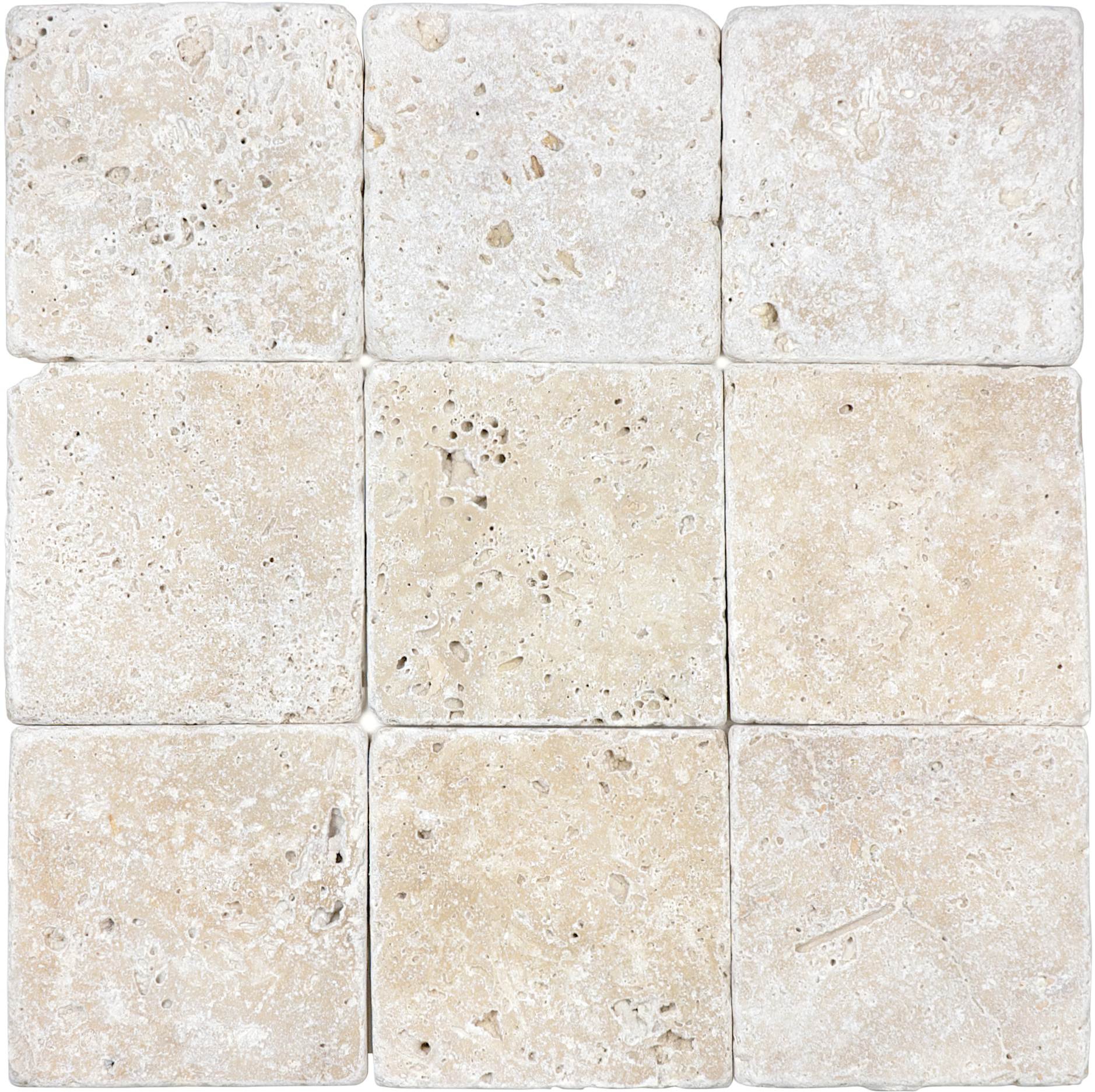 travertine pattern natural stone field tile from ivory anatolia collection distributed by surface group international tumbled finish tumbled edge 4x4 square shape
