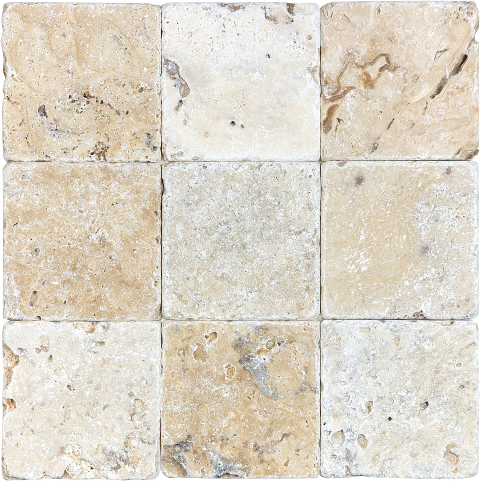 travertine pattern natural stone field tile from picasso anatolia collection distributed by surface group international tumbled finish tumbled edge 4x4 square shape