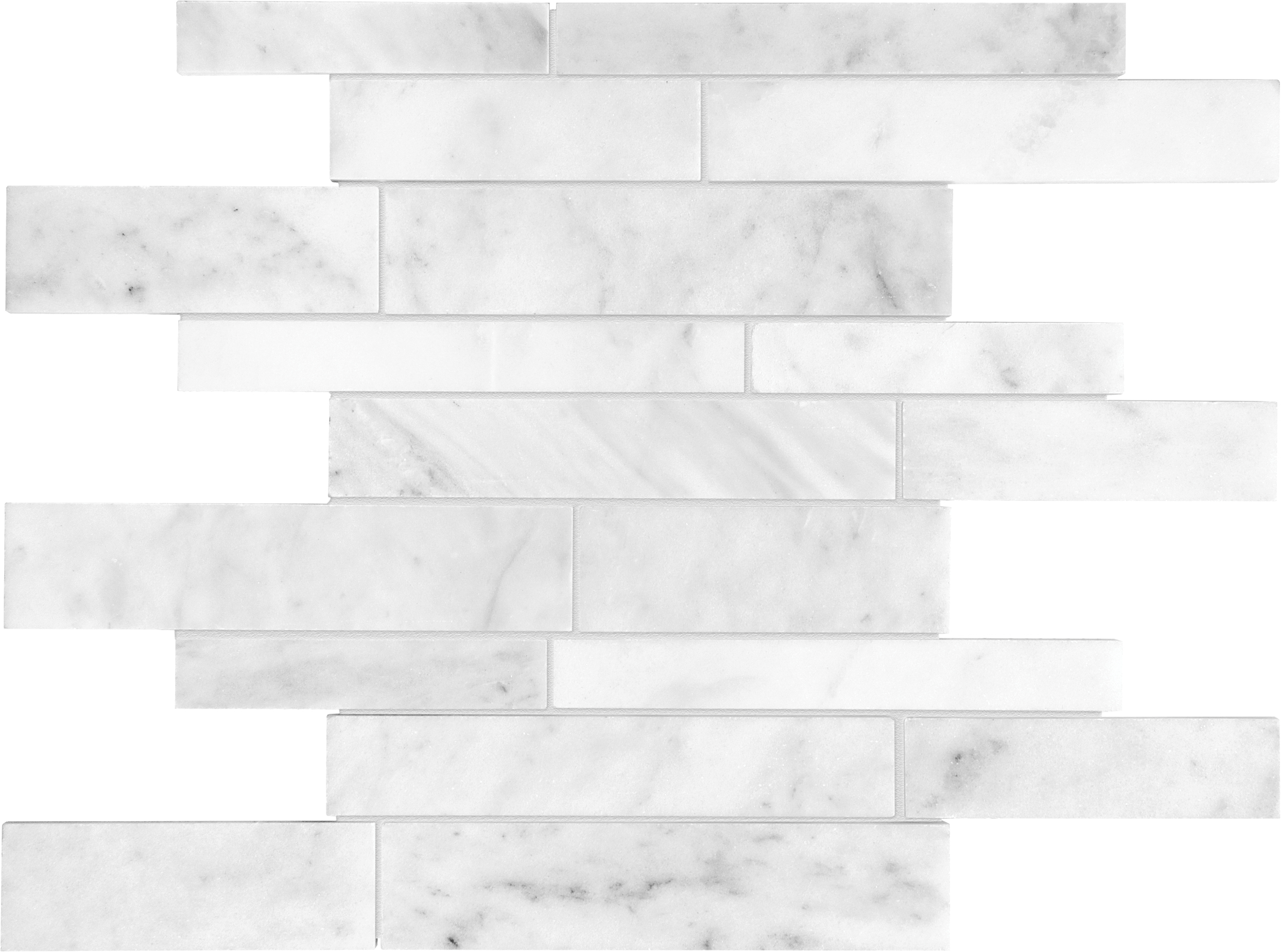 marble random strip pattern natural stone mosaic from bianco venatino anatolia collection distributed by surface group international honed finish straight edge edge mesh shape