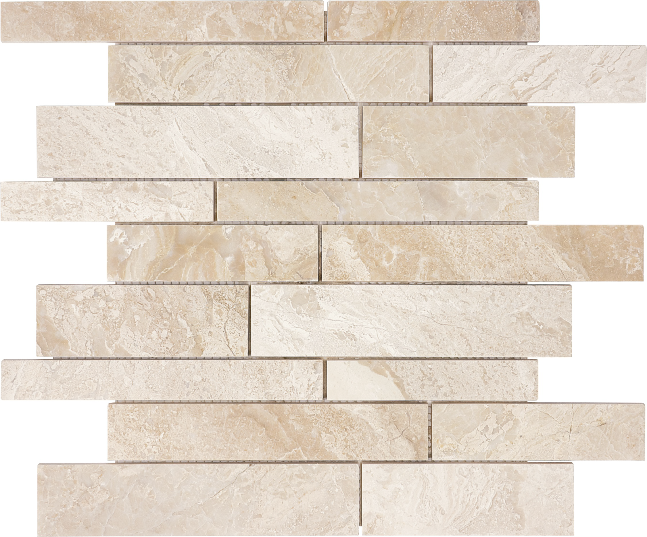 marble random strip pattern natural stone mosaic from impero reale anatolia collection distributed by surface group international polished finish straight edge edge mesh shape