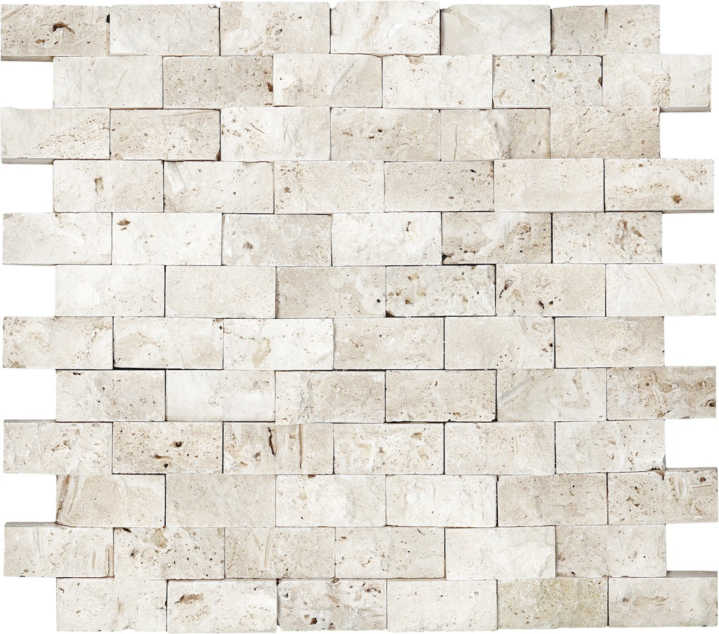 travertine brick offset 1x2-inch pattern natural stone mosaic from ivory anatolia collection distributed by surface group international split face finish straight edge edge mesh shape