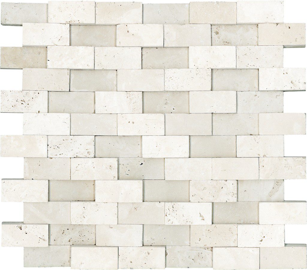 travertine brick offset 1x2-inch pattern natural stone mosaic from ivory anatolia collection distributed by surface group international honed finish straight edge edge mesh shape