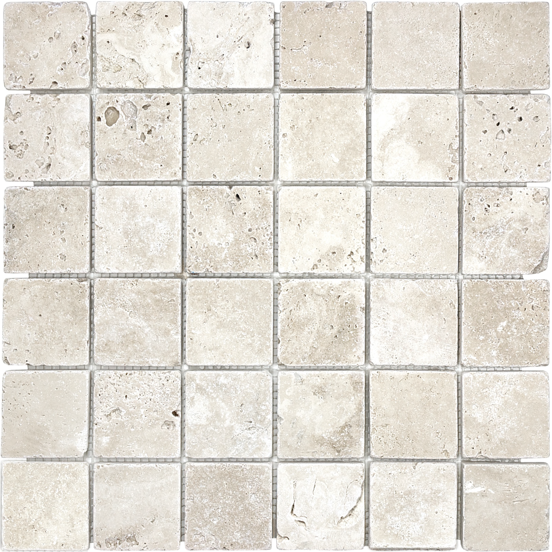 travertine straight stack 2x2-inch pattern natural stone mosaic from ivory anatolia collection distributed by surface group international tumbled finish tumbled edge mesh shape