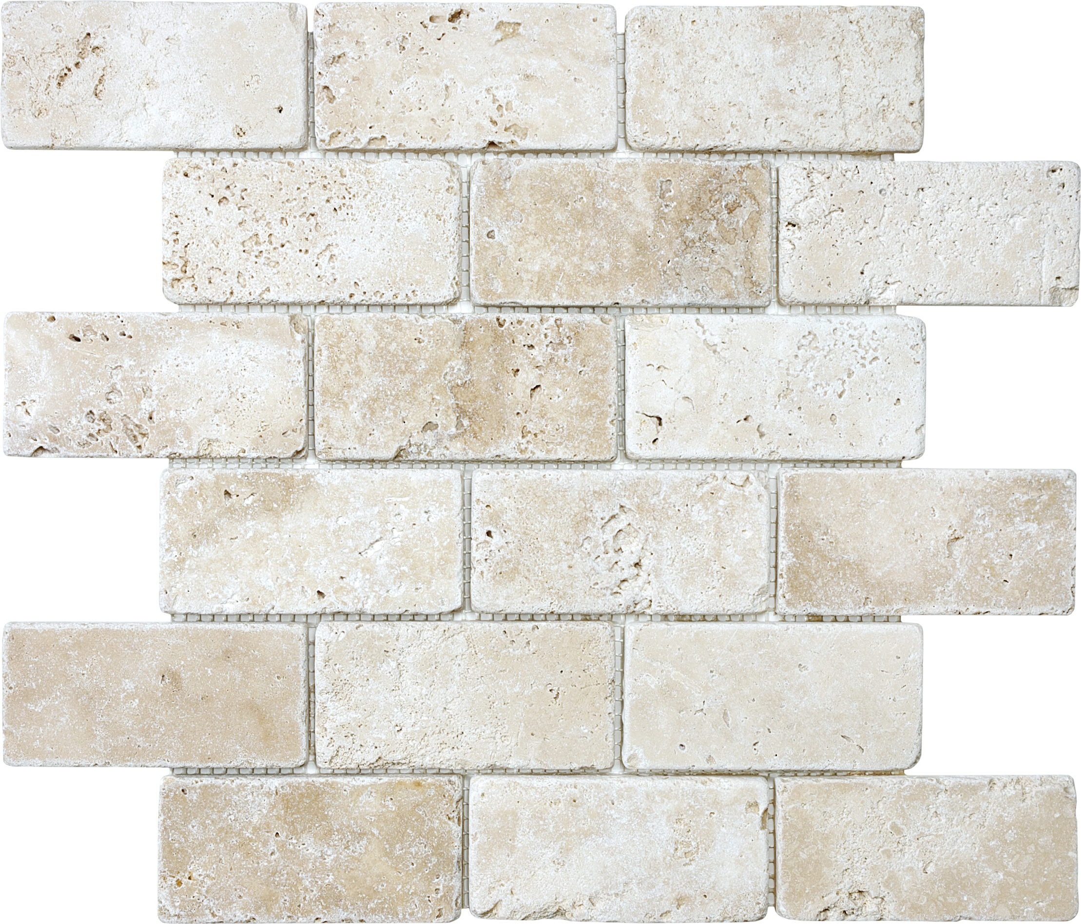 travertine brick offset 2x4-inch pattern natural stone mosaic from ivory anatolia collection distributed by surface group international tumbled finish tumbled edge mesh shape
