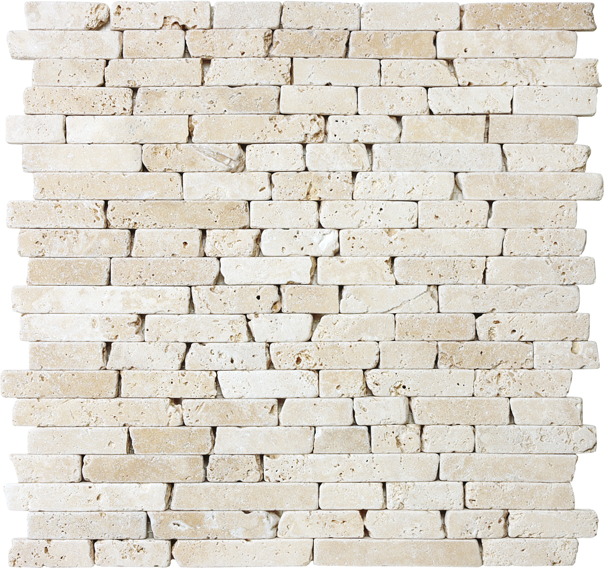 travertine random strip pattern natural stone mosaic from ivory anatolia collection distributed by surface group international tumbled finish tumbled edge mesh shape