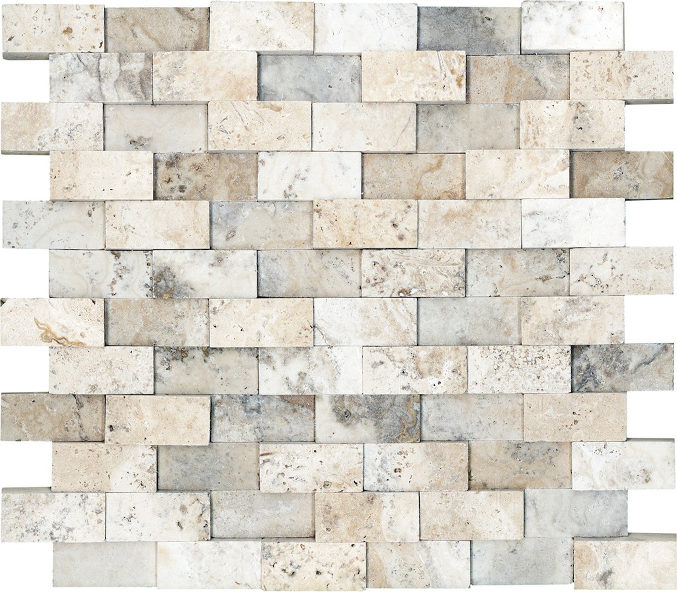 travertine brick offset 1x2-inch pattern natural stone mosaic from picasso anatolia collection distributed by surface group international honed finish straight edge edge mesh shape