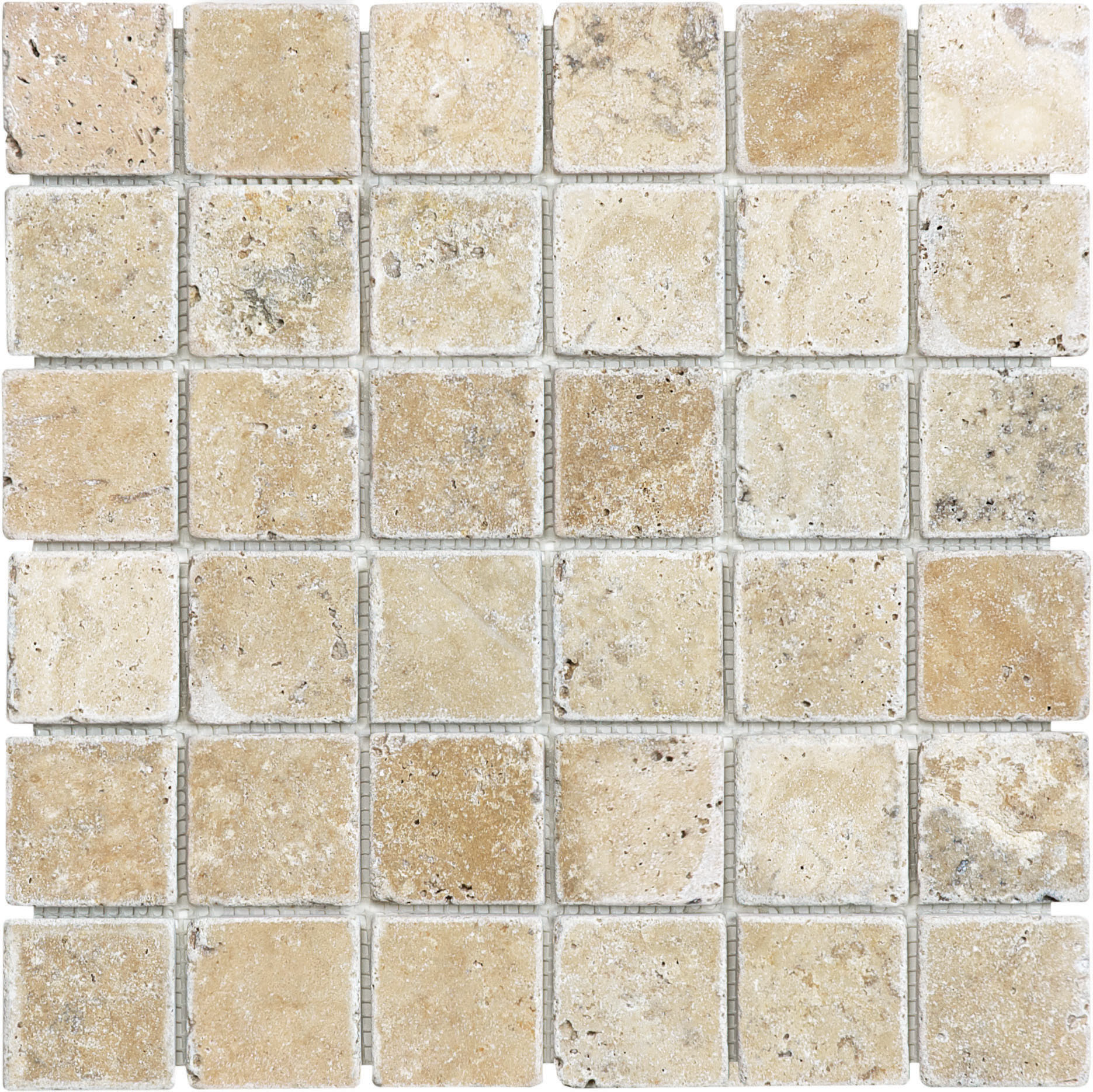 travertine straight stack 2x2-inch pattern natural stone mosaic from picasso anatolia collection distributed by surface group international tumbled finish tumbled edge mesh shape
