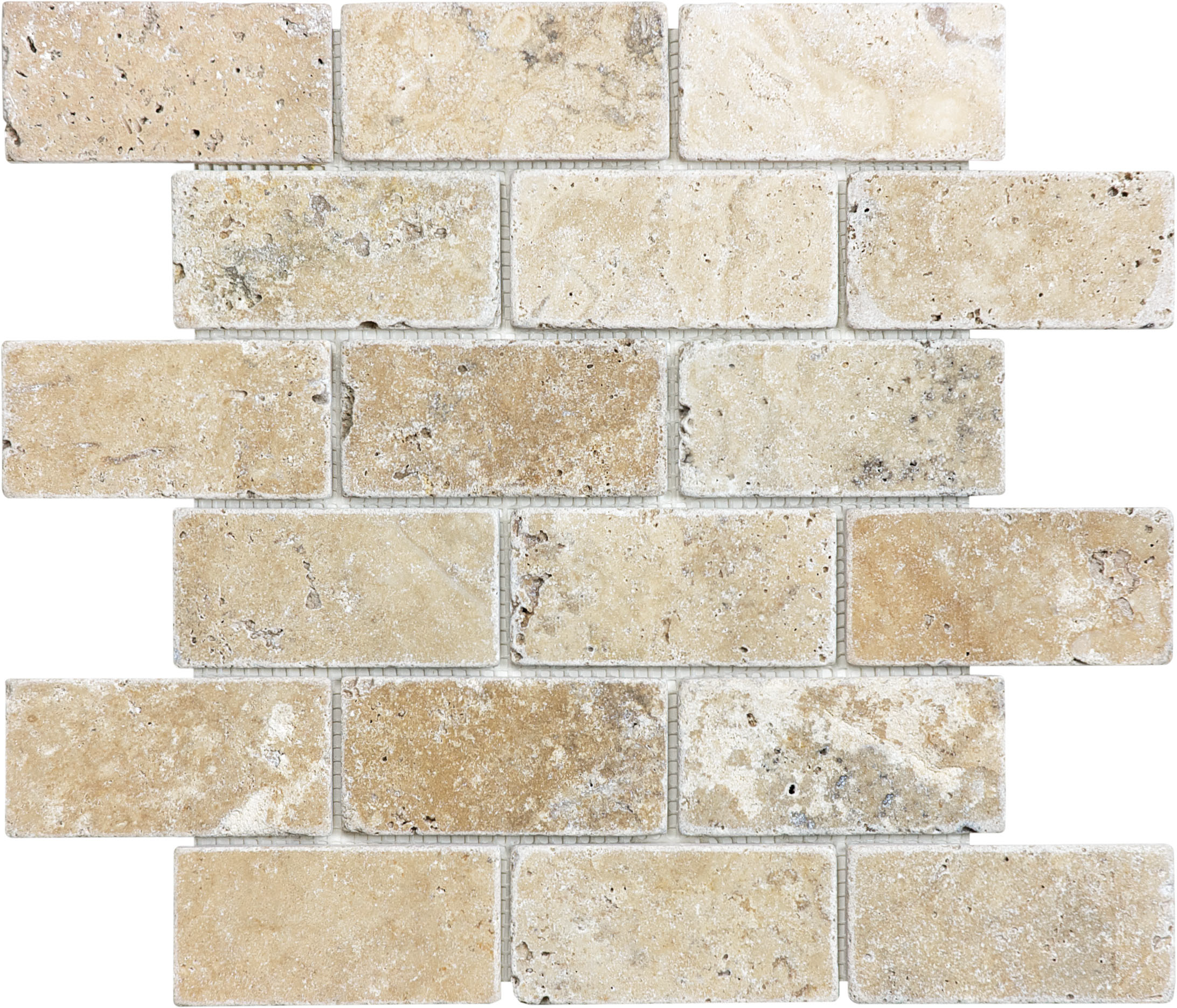 travertine brick offset 2x4-inch pattern natural stone mosaic from picasso anatolia collection distributed by surface group international tumbled finish tumbled edge mesh shape