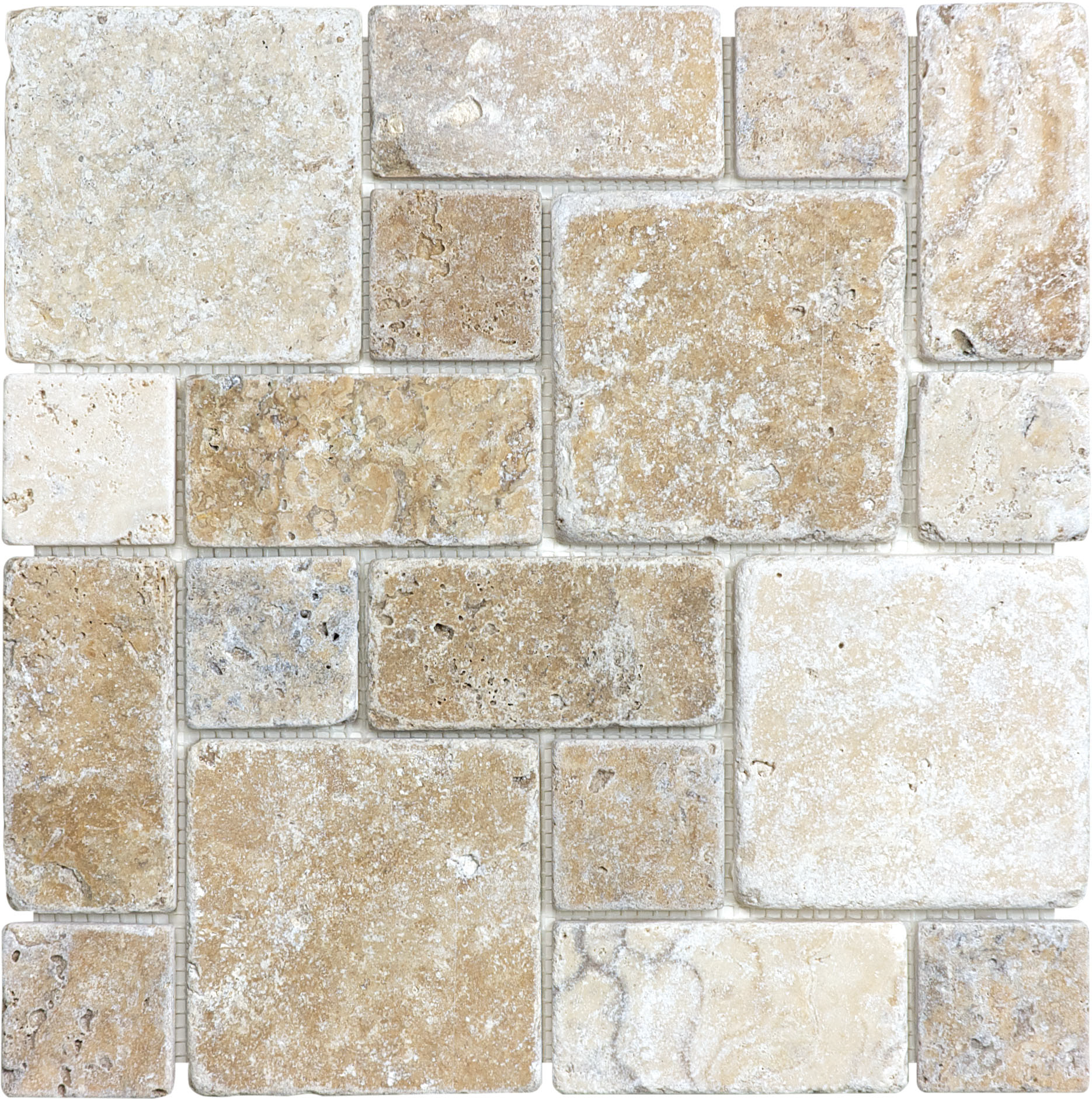 travertine roman pattern pattern natural stone mosaic from picasso anatolia collection distributed by surface group international tumbled finish tumbled edge mesh shape