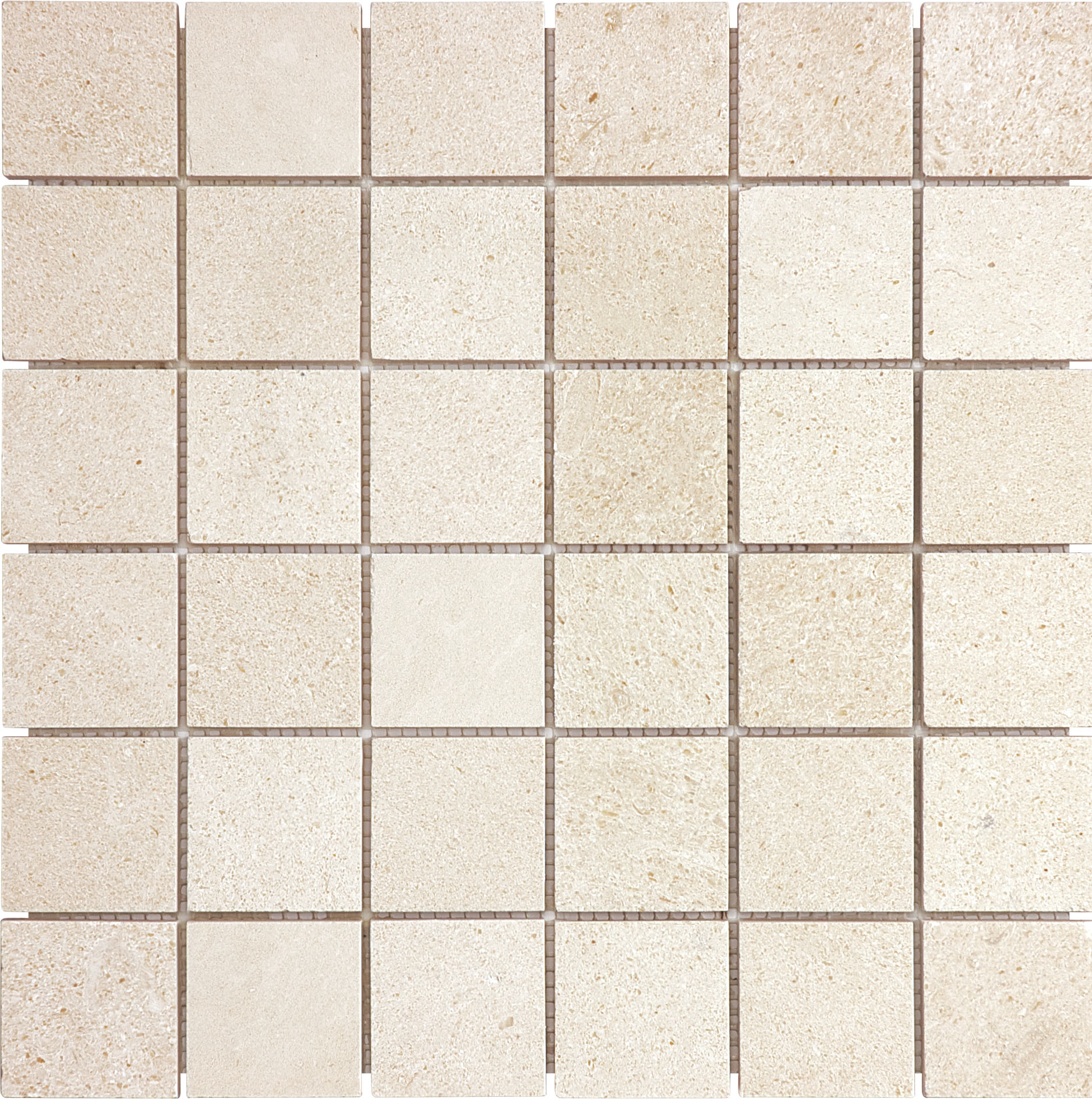 limestone straight stack 2x2-inch pattern natural stone mosaic from serene ivory anatolia collection distributed by surface group international honed finish straight edge edge mesh shape