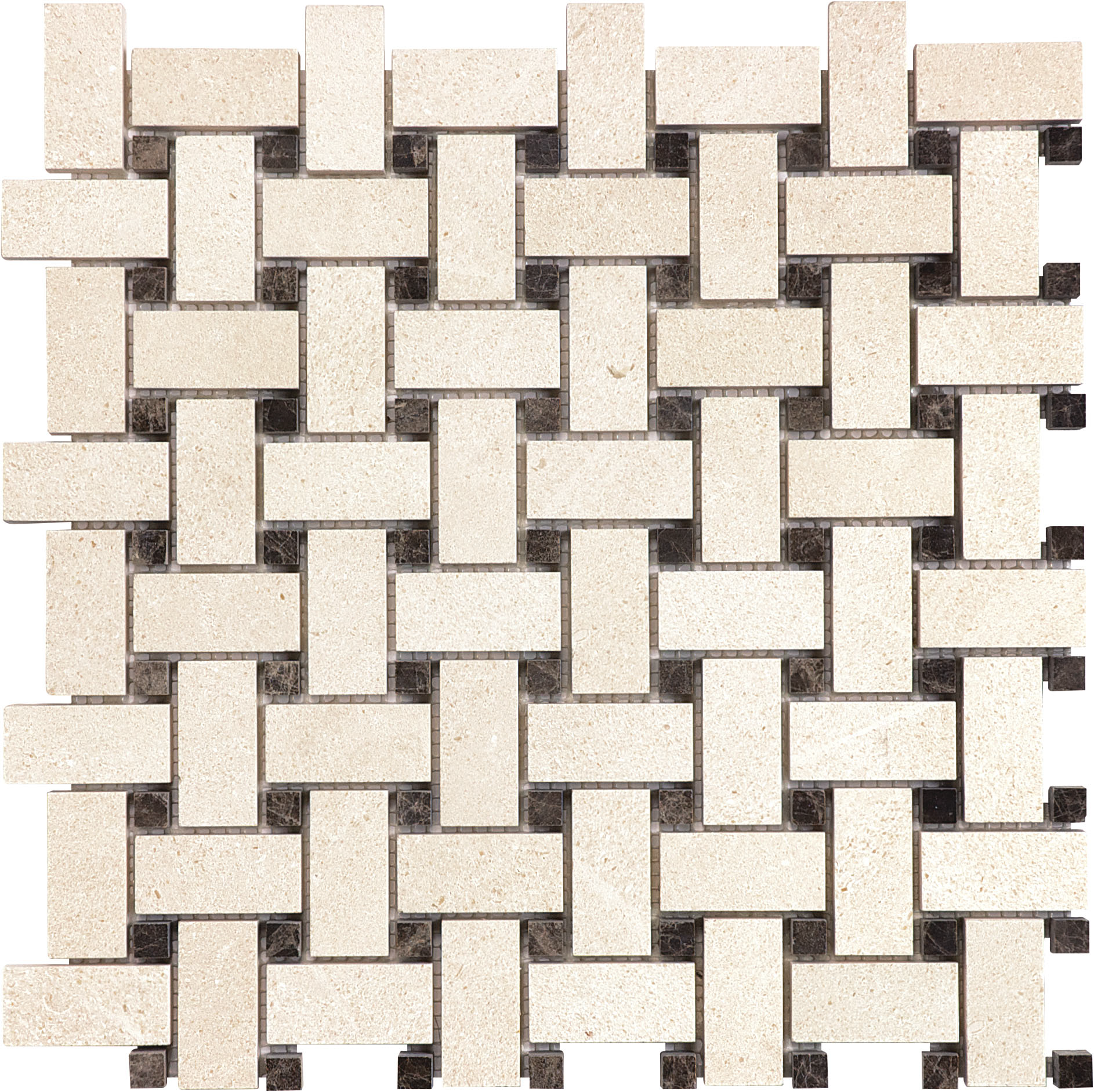 limestone basketweave 2x2-inch pattern natural stone mosaic from serene ivory anatolia collection distributed by surface group international honed finish straight edge edge mesh shape