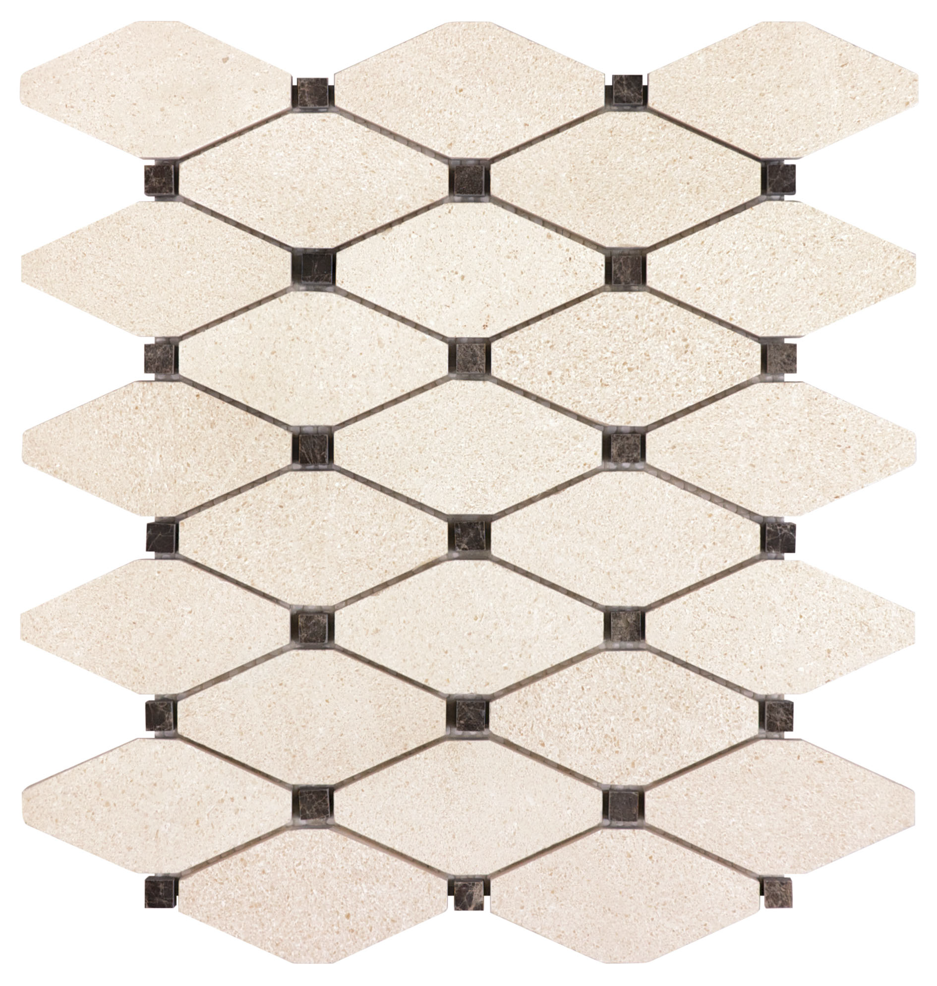 limestone clipped diamond pattern natural stone mosaic from serene ivory anatolia collection distributed by surface group international honed finish straight edge edge mesh shape