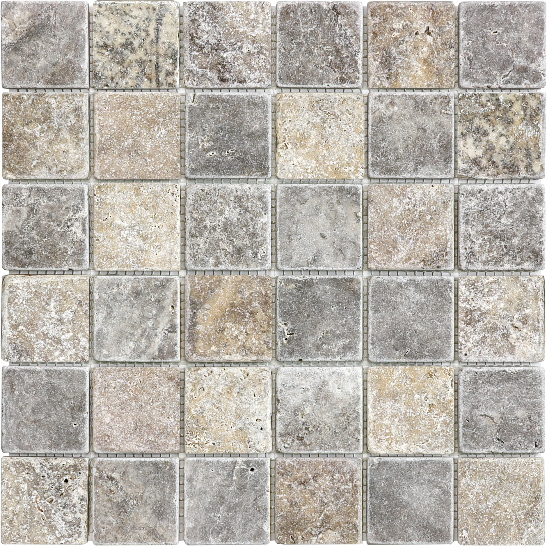 travertine straight stack 2x2-inch pattern natural stone mosaic from silver ash anatolia collection distributed by surface group international tumbled finish tumbled edge mesh shape