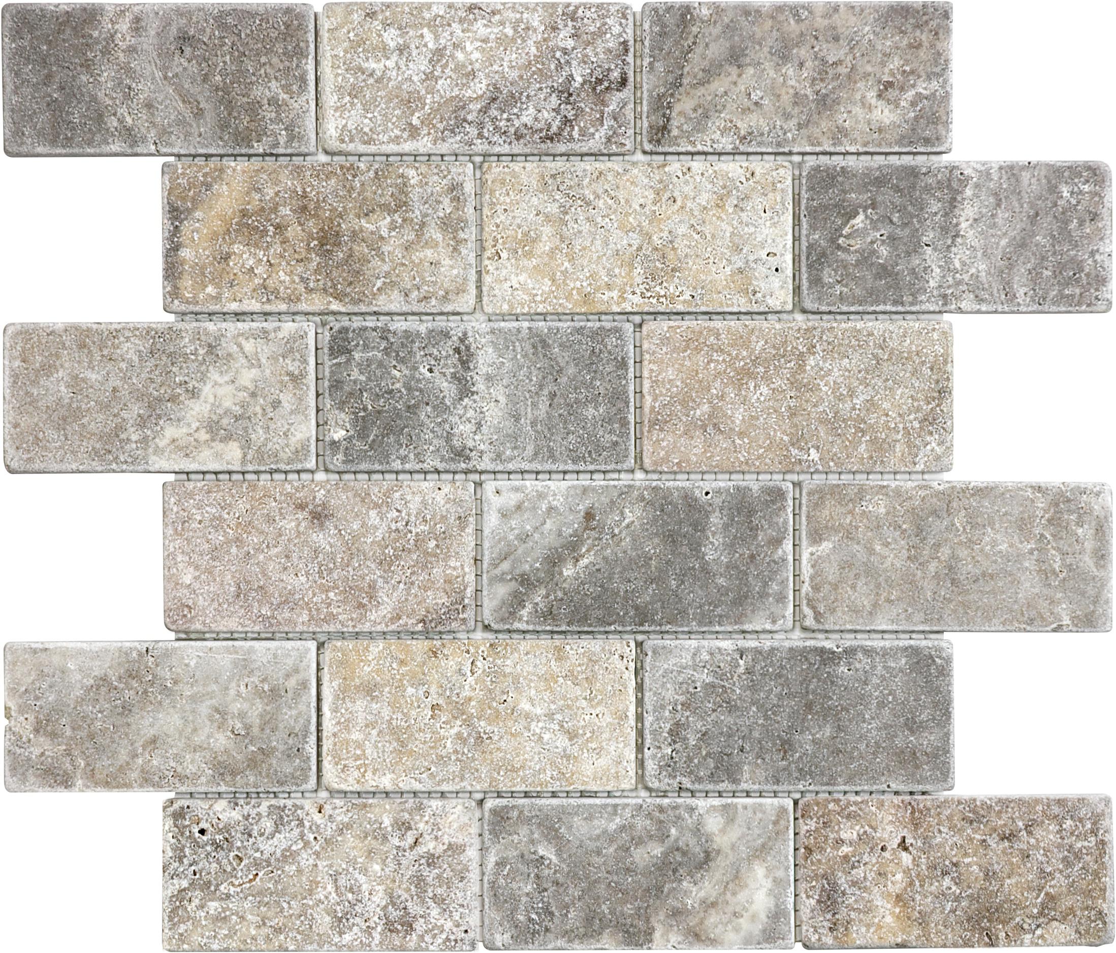 travertine brick offset 2x4-inch pattern natural stone mosaic from silver ash anatolia collection distributed by surface group international tumbled finish tumbled edge mesh shape