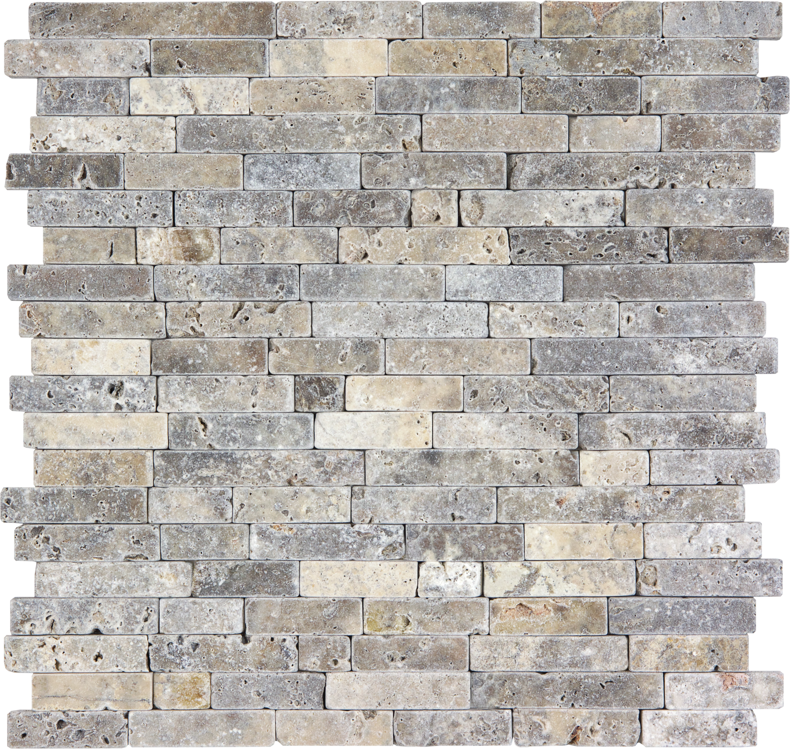 travertine random strip pattern natural stone mosaic from silver ash anatolia collection distributed by surface group international tumbled finish tumbled edge mesh shape