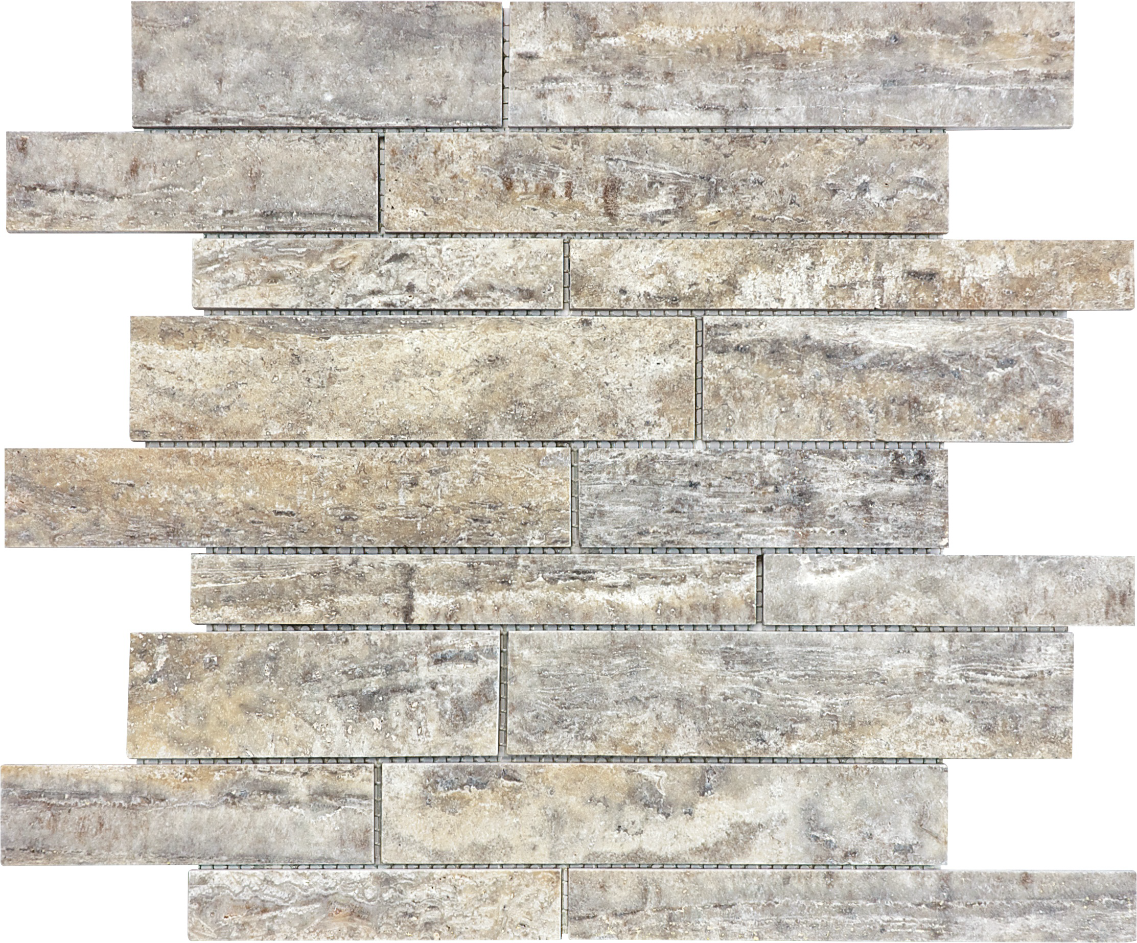 travertine veincut random strip pattern natural stone mosaic from silver ash anatolia collection distributed by surface group international honed finish straight edge edge mesh shape
